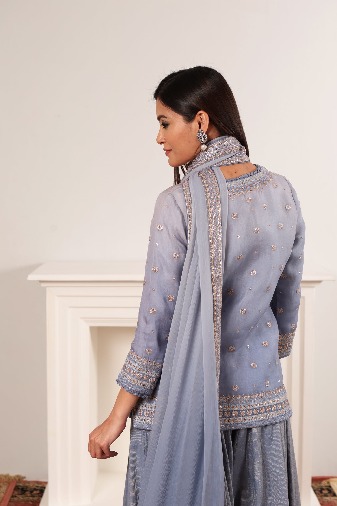 Placid-Blue Embroidered Pure Silk-Organza Short-Kurta-Sharara Set