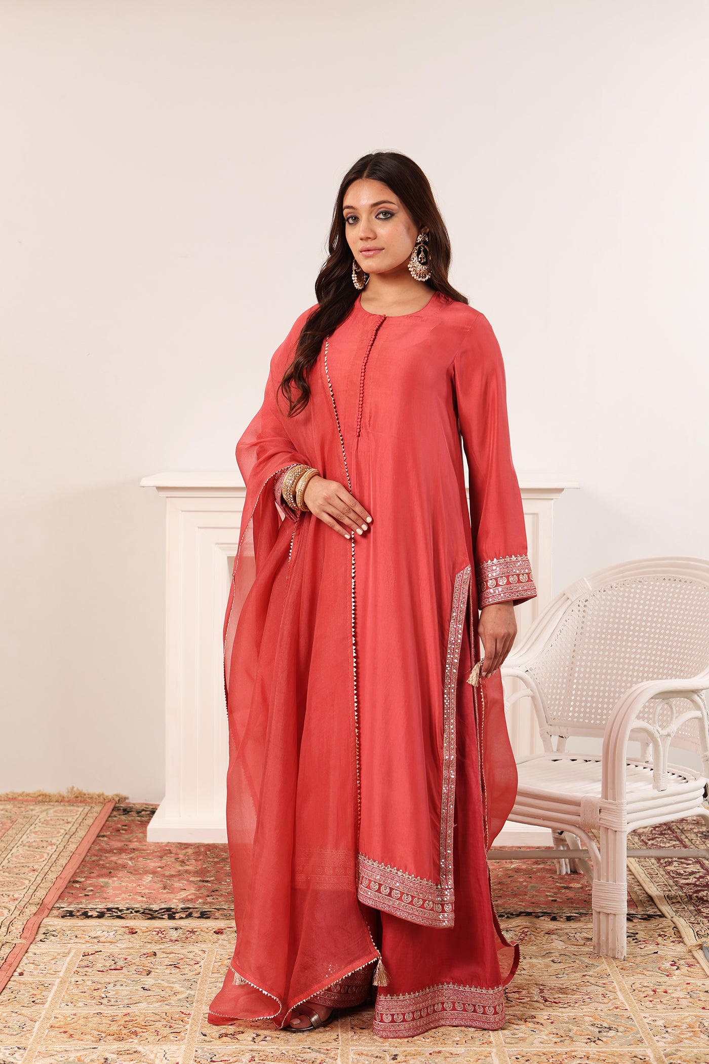 Rose-Pink Embroidered Pure Heavy Silk Kurta-Palazzo Set