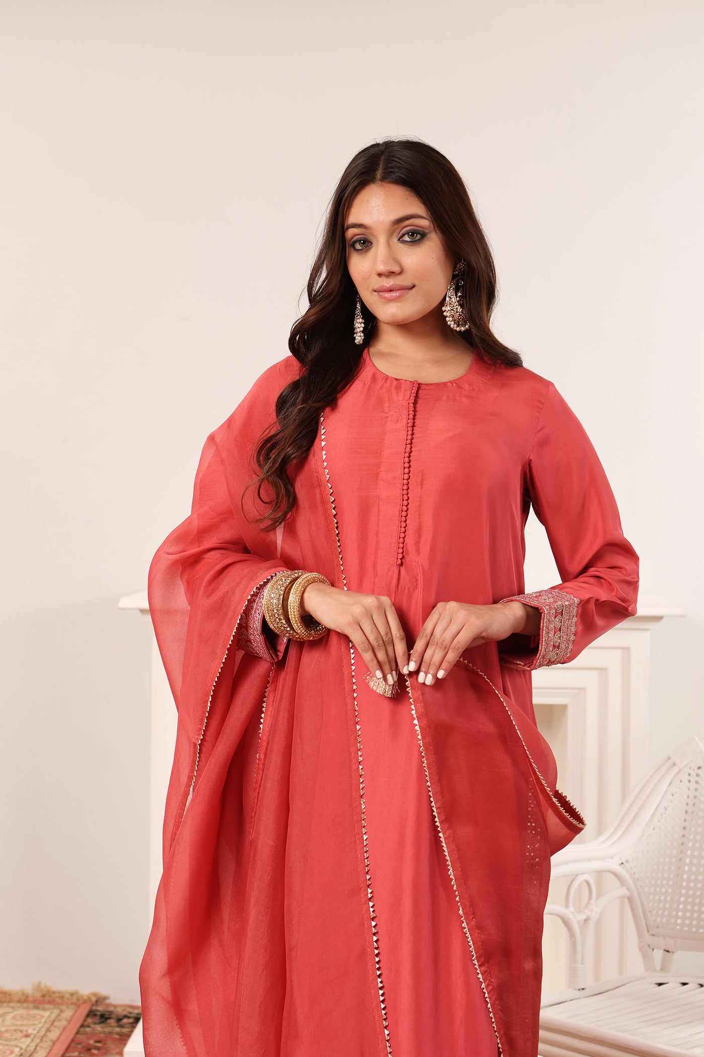 Rose-Pink Embroidered Pure Heavy Silk Kurta-Palazzo Set