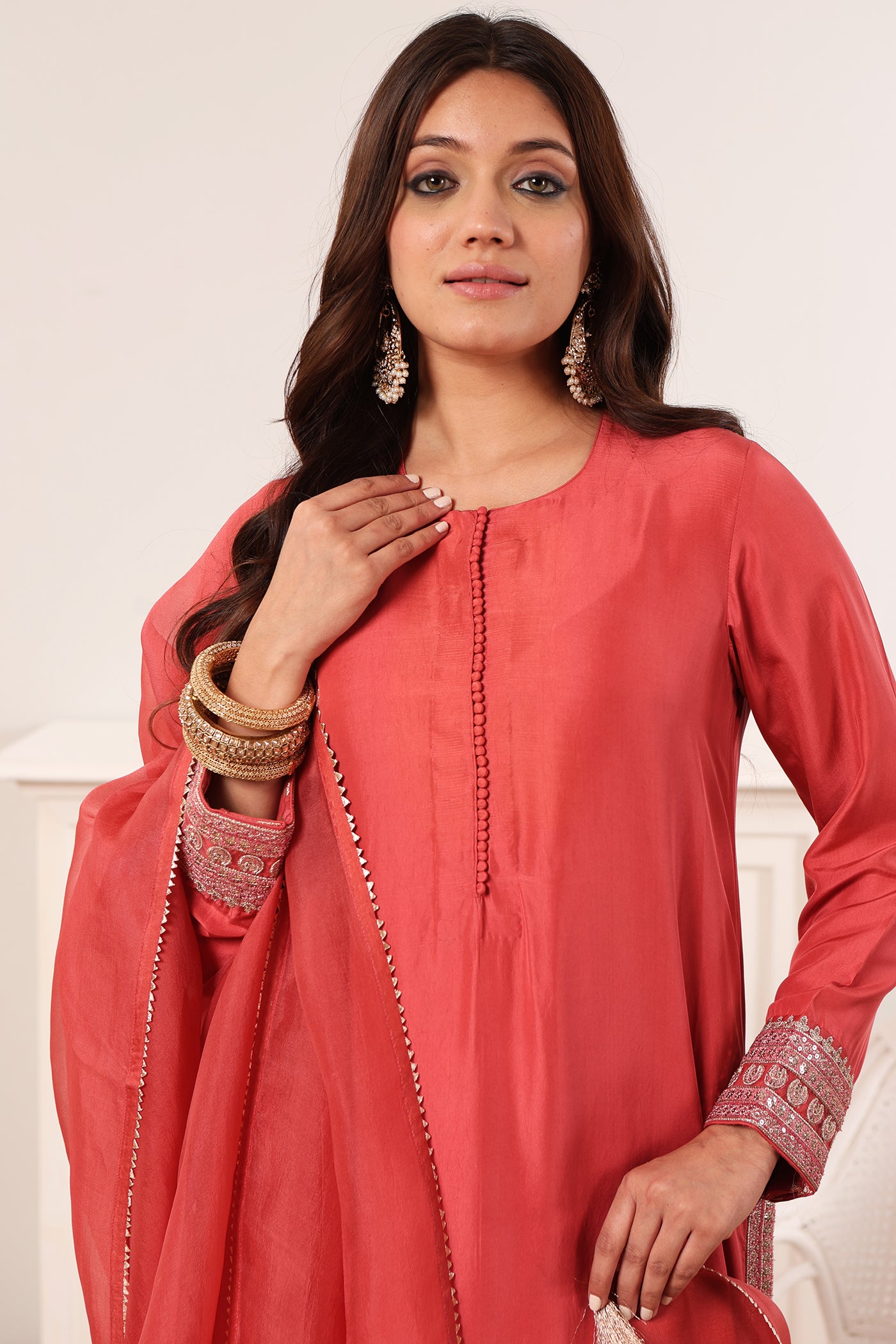 Rose-Pink Embroidered Pure Heavy Silk Kurta-Palazzo Set