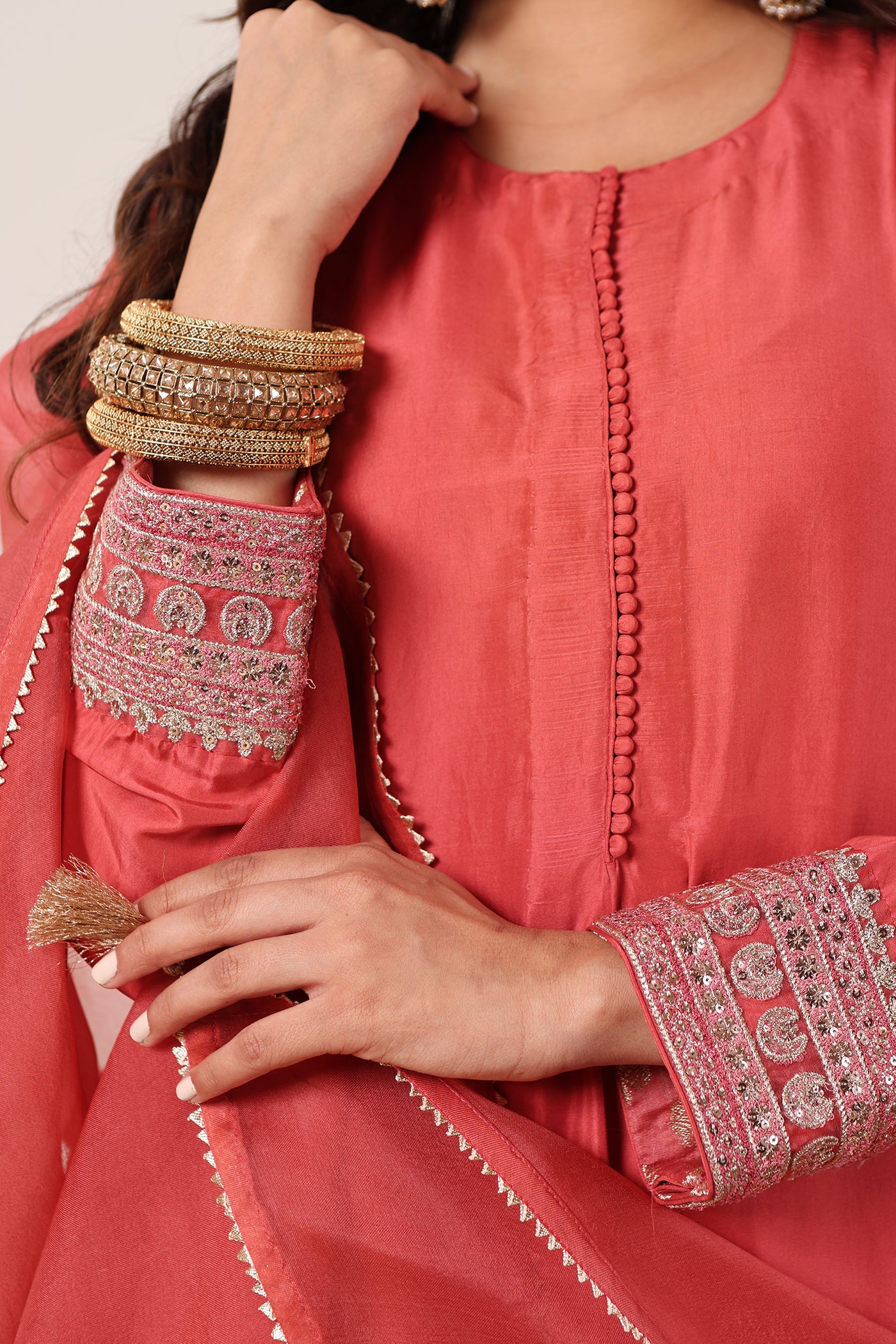 Rose-Pink Embroidered Pure Heavy Silk Kurta-Palazzo Set