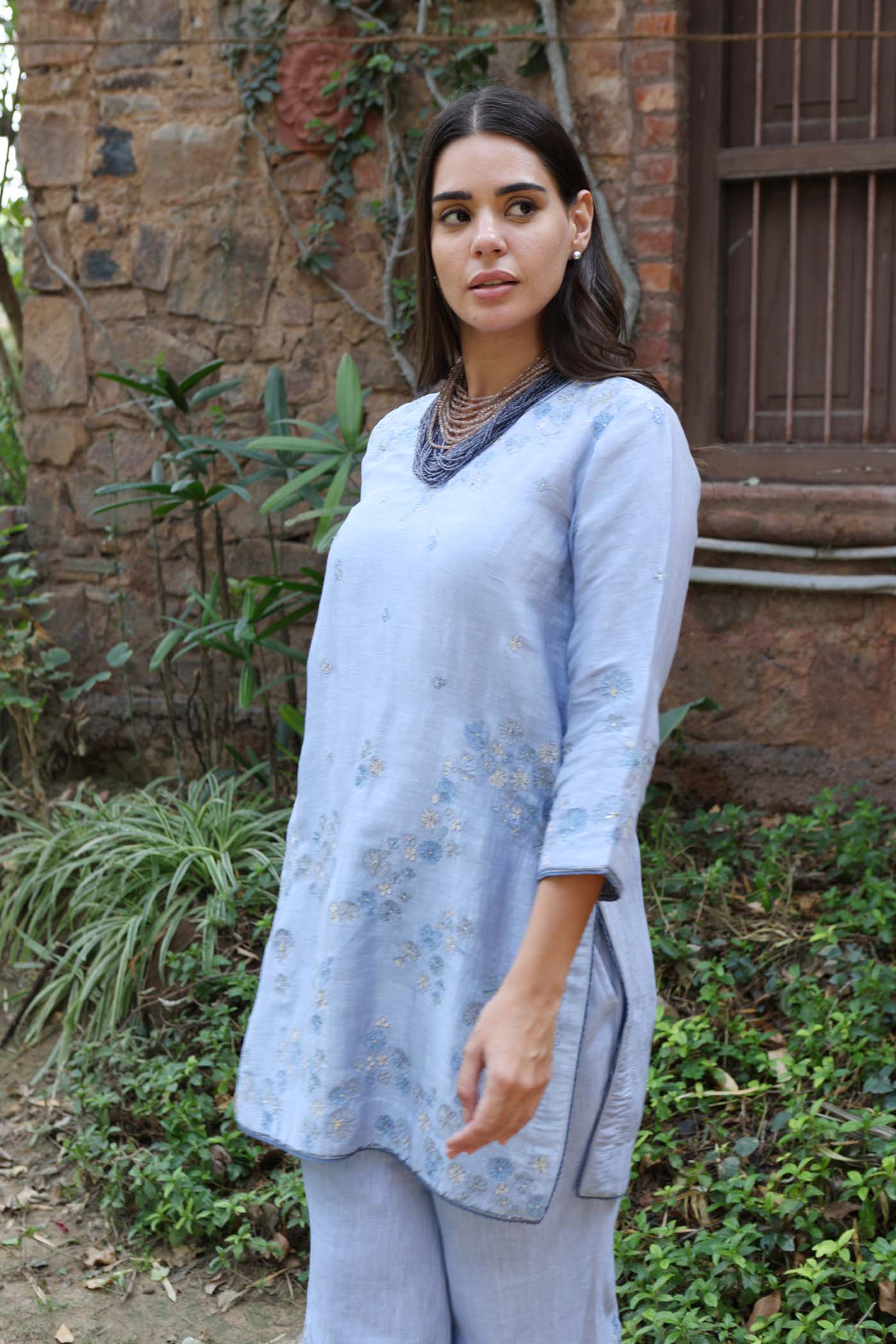 Hand-Embroidered Dusty-Blue Pure Linen- Silk Sleeveless Kurta-Pants Set