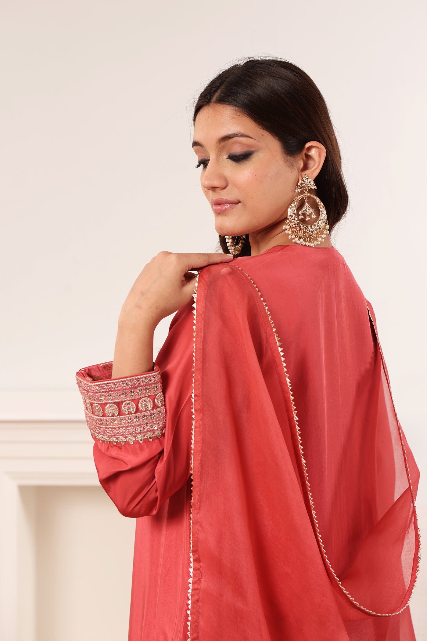 Rose-Pink Embroidered Pure Heavy Silk Kurta-Palazzo Set