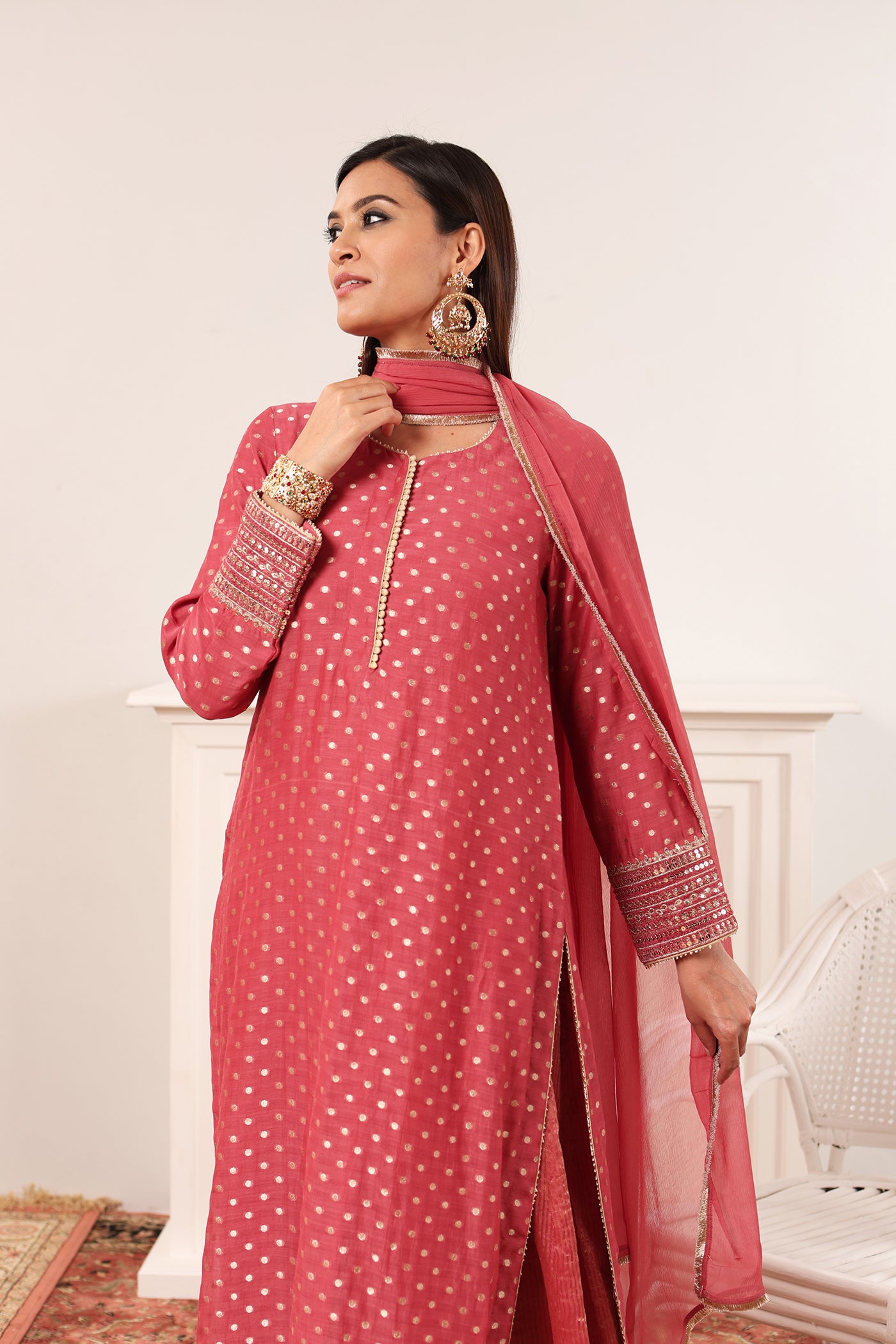 Rose-Pink Embroidered Pure Silk-Cotton (Polka Dots) Long-Kurta-Sharara Set