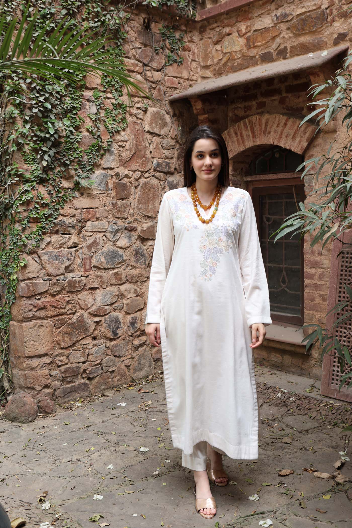 Ivory Embroidered (Applique & Cuwork) Pure Cotton Kurta-Pants Set