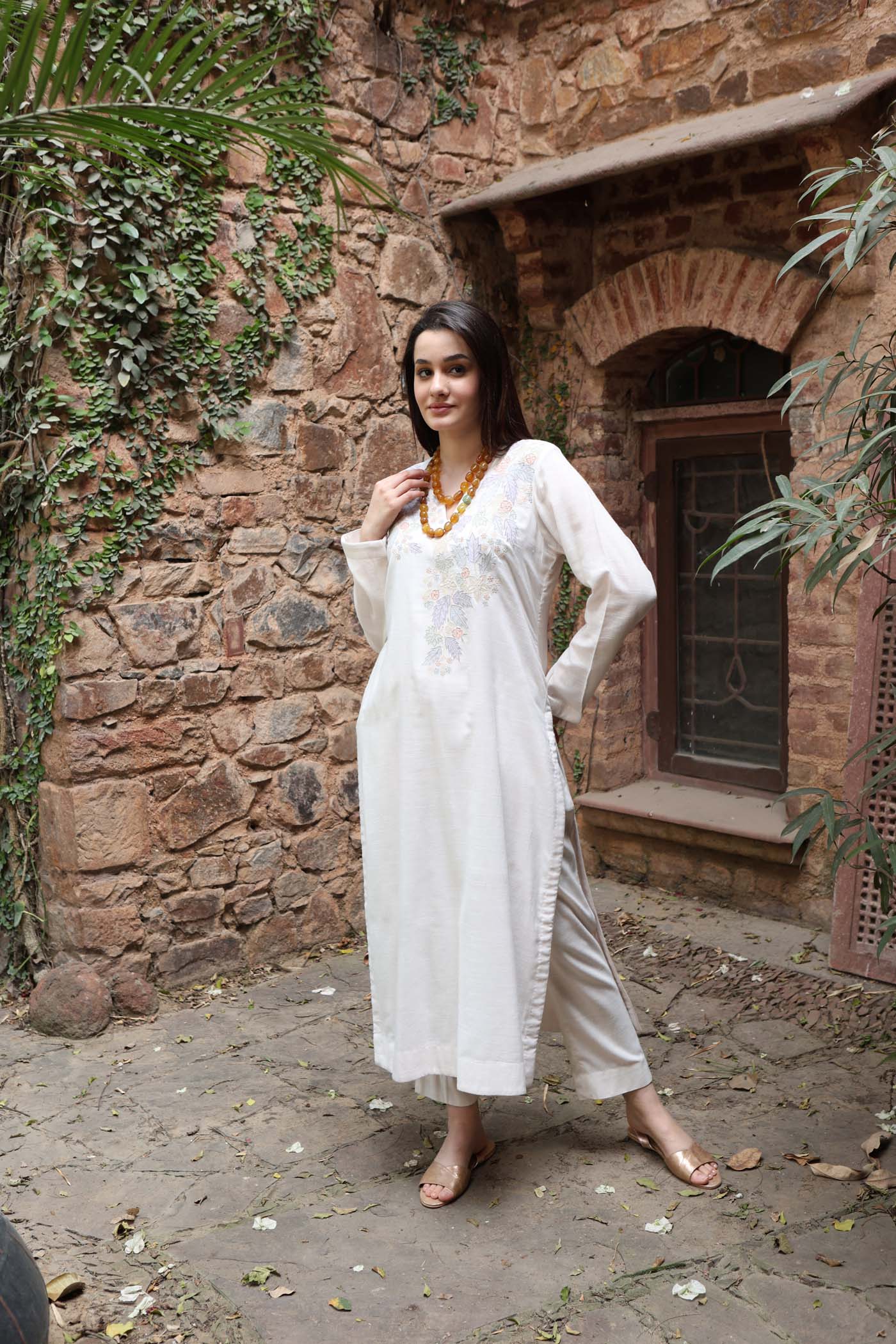 Ivory Embroidered (Applique & Cuwork) Pure Cotton Kurta-Pants Set