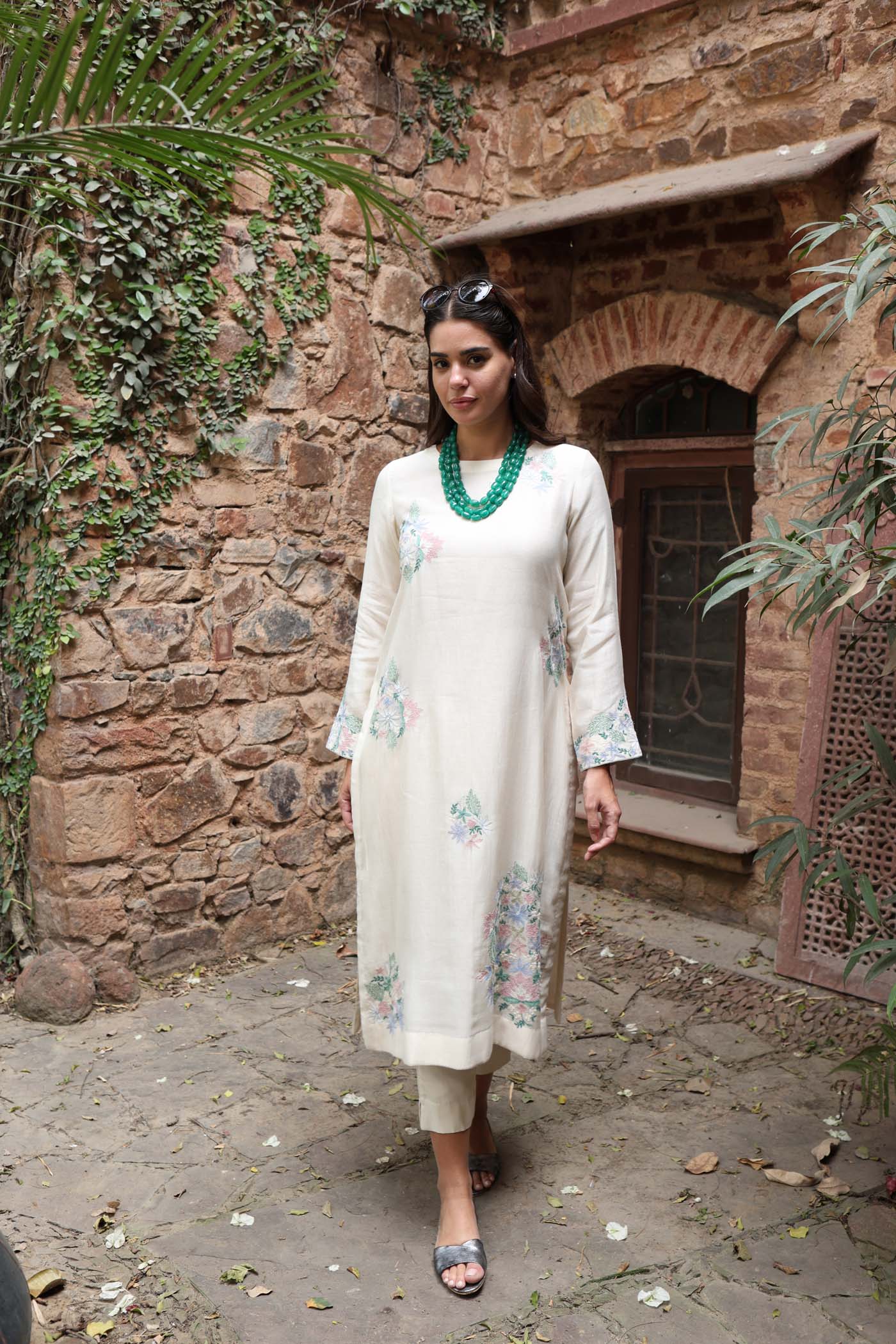 Ivory Pure Silk-Cotton Embroidered (Applique & Cuwork) Kurta-Pants Set
