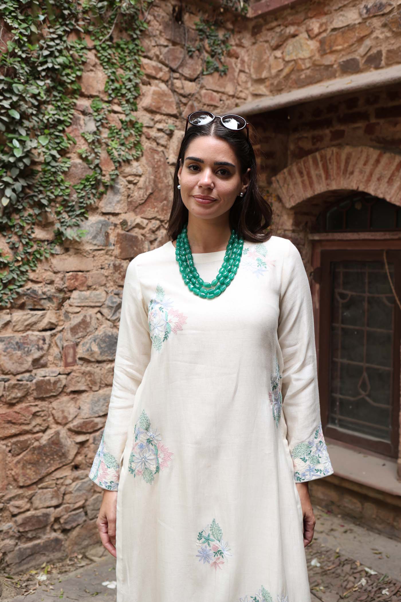 Ivory Pure Silk-Cotton Embroidered (Applique & Cuwork) Kurta-Pants Set