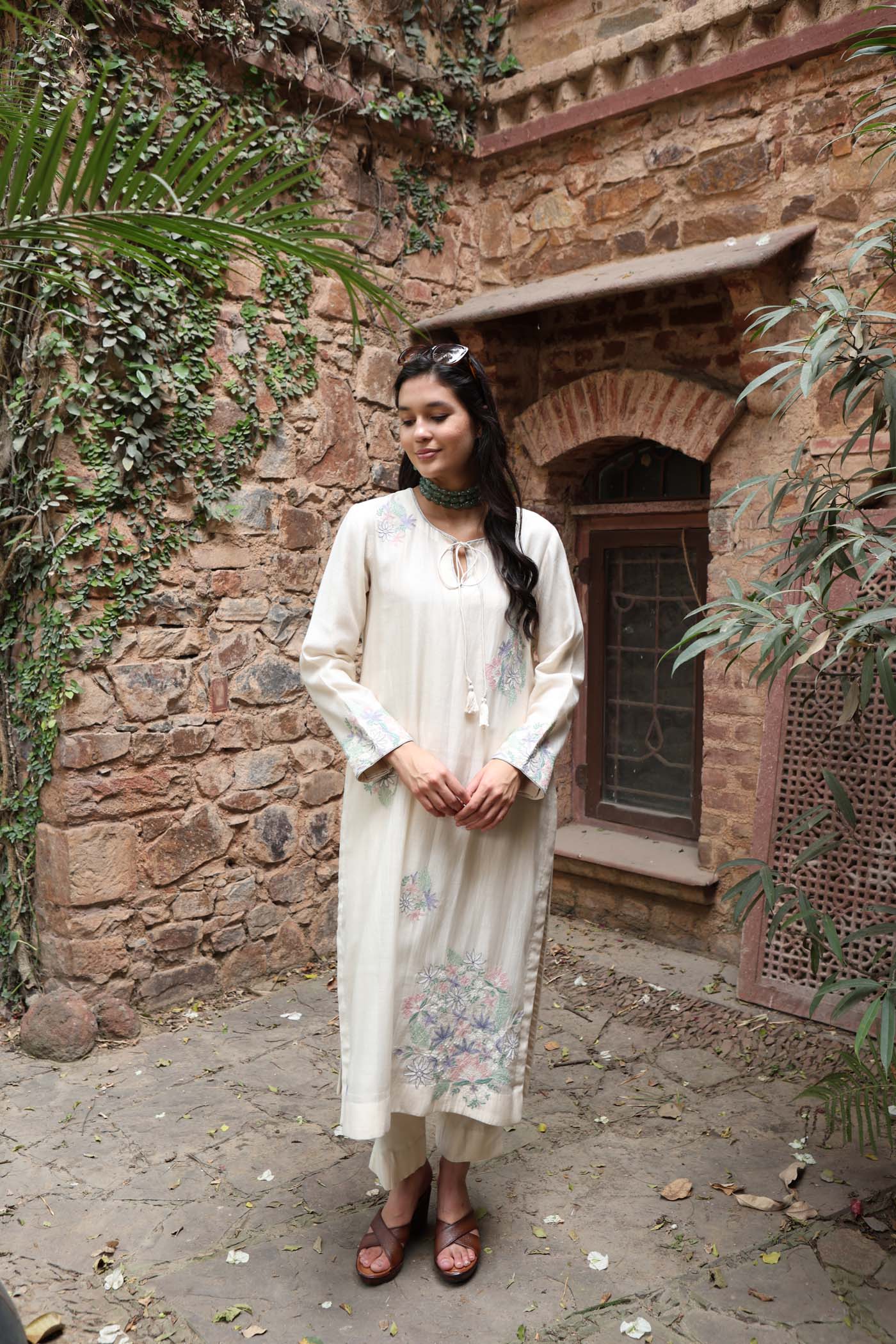 Ivory Pure Silk-Cotton Embroidered (Applique & Cuwork) Kurta-Pants Set