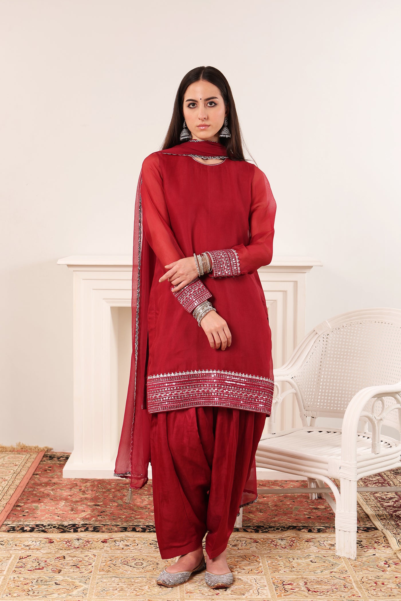 Jazzy-Pink Embroidered Pure Silk-Organza Short-Kurta-Salwar Set Paired With Chiffon Dupatta