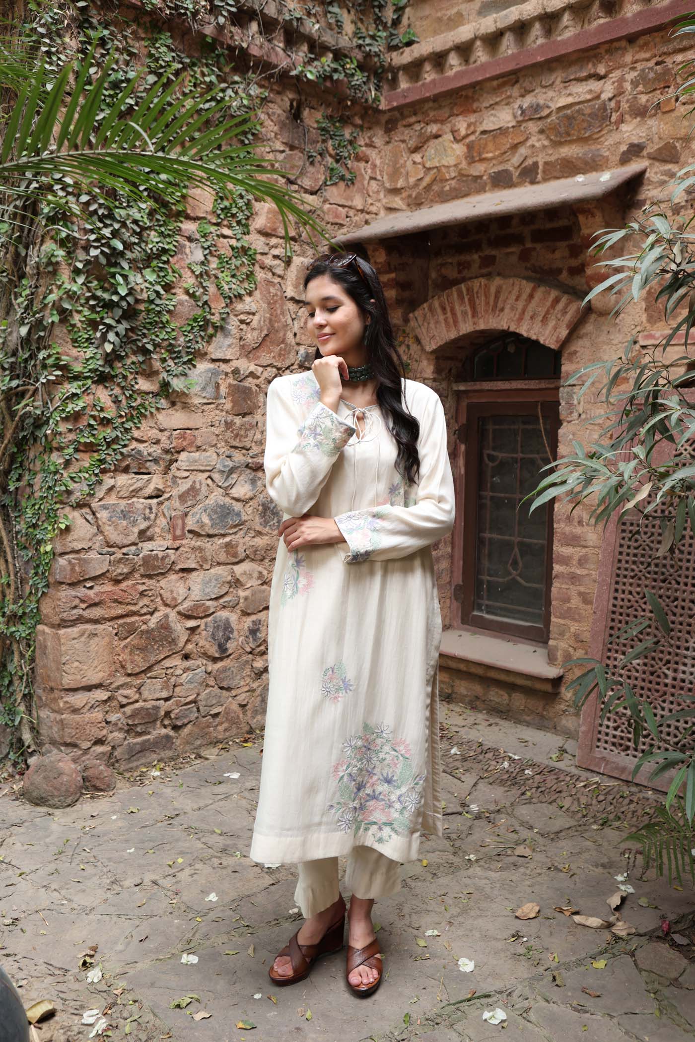 Ivory Pure Silk-Cotton Embroidered (Applique & Cuwork) Kurta-Pants Set