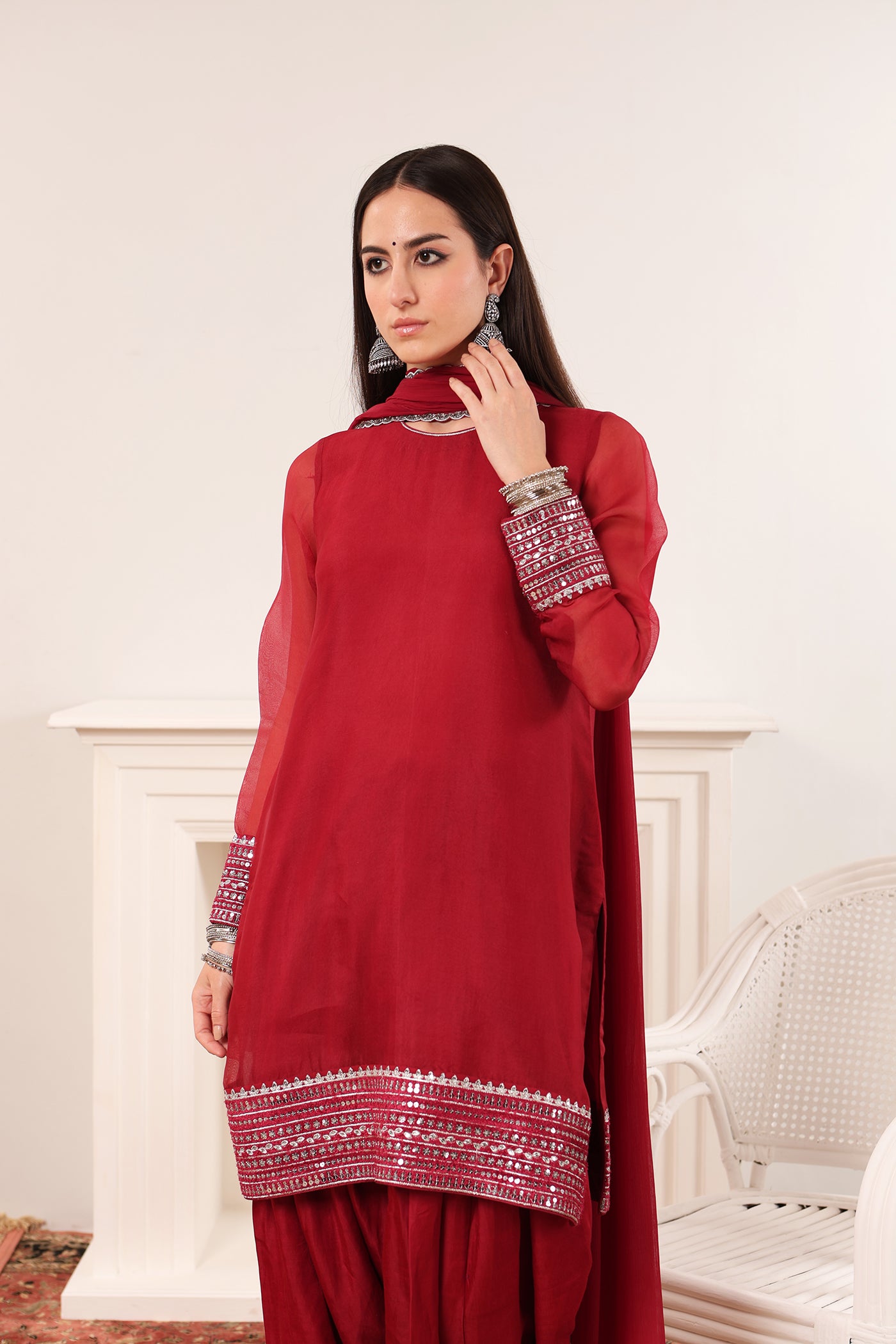 Jazzy-Pink Embroidered Pure Silk-Organza Short-Kurta-Salwar Set Paired With Chiffon Dupatta