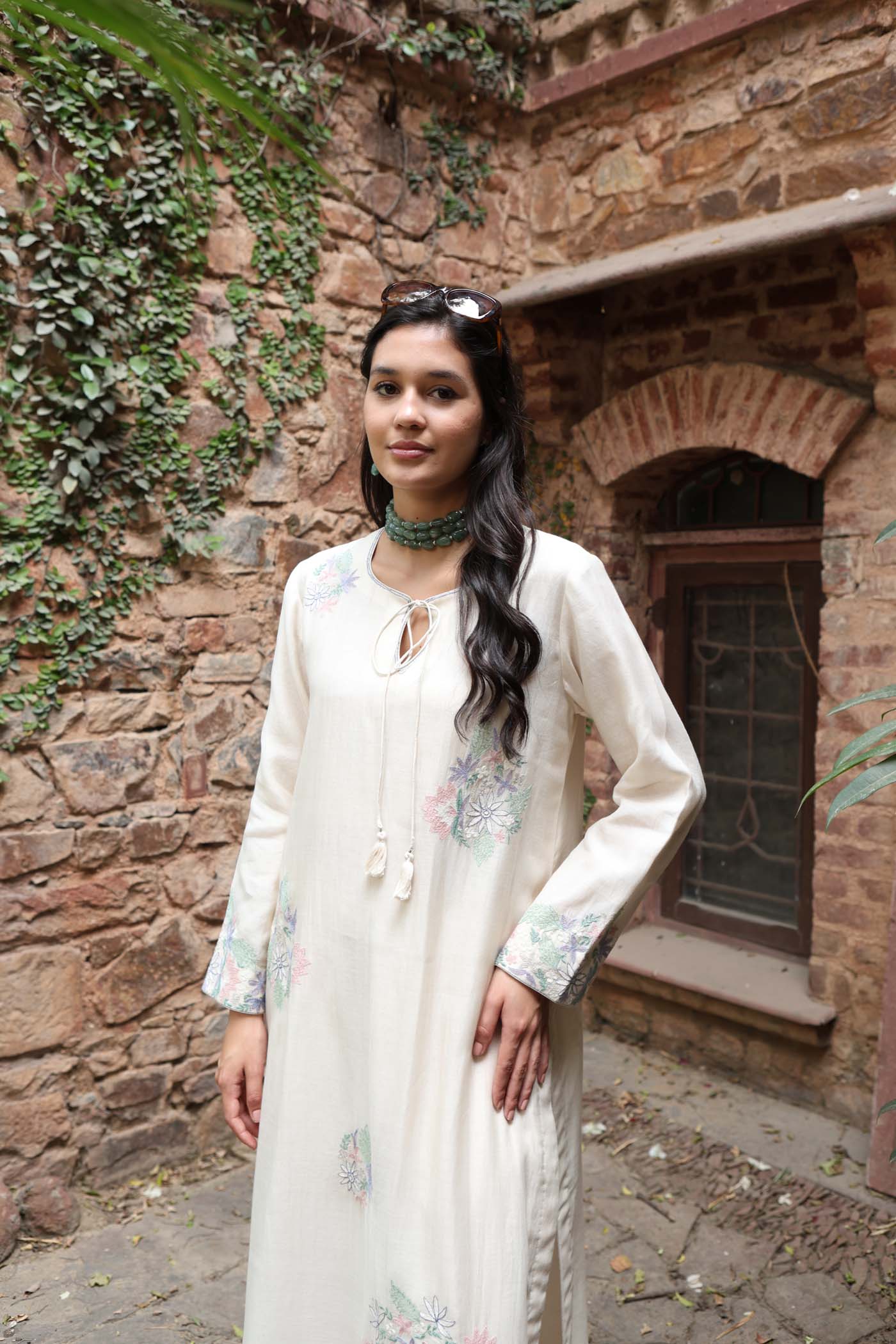 Ivory Pure Silk-Cotton Embroidered (Applique & Cuwork) Kurta-Pants Set