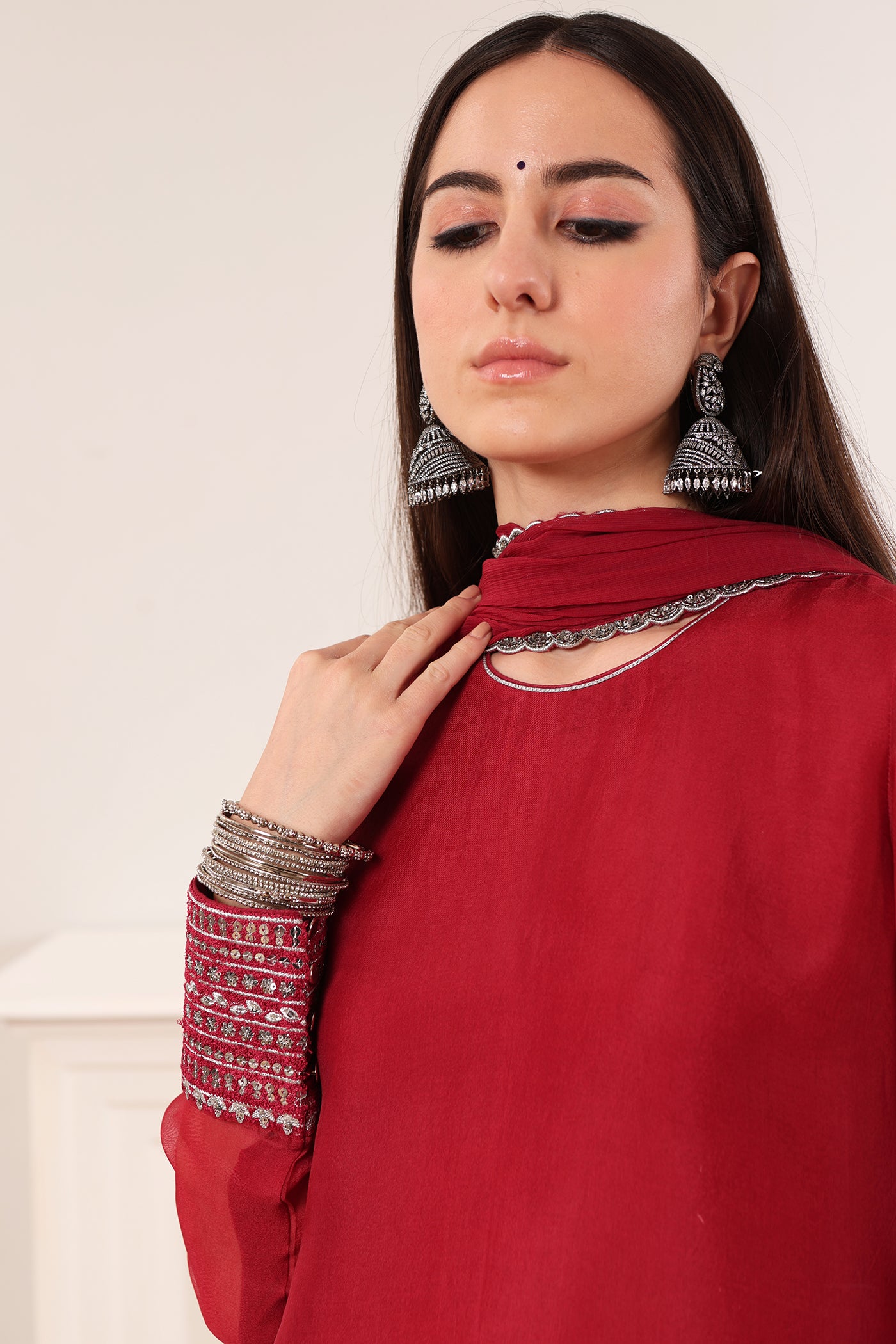 Jazzy-Pink Embroidered Pure Silk-Organza Short-Kurta-Salwar Set Paired With Chiffon Dupatta