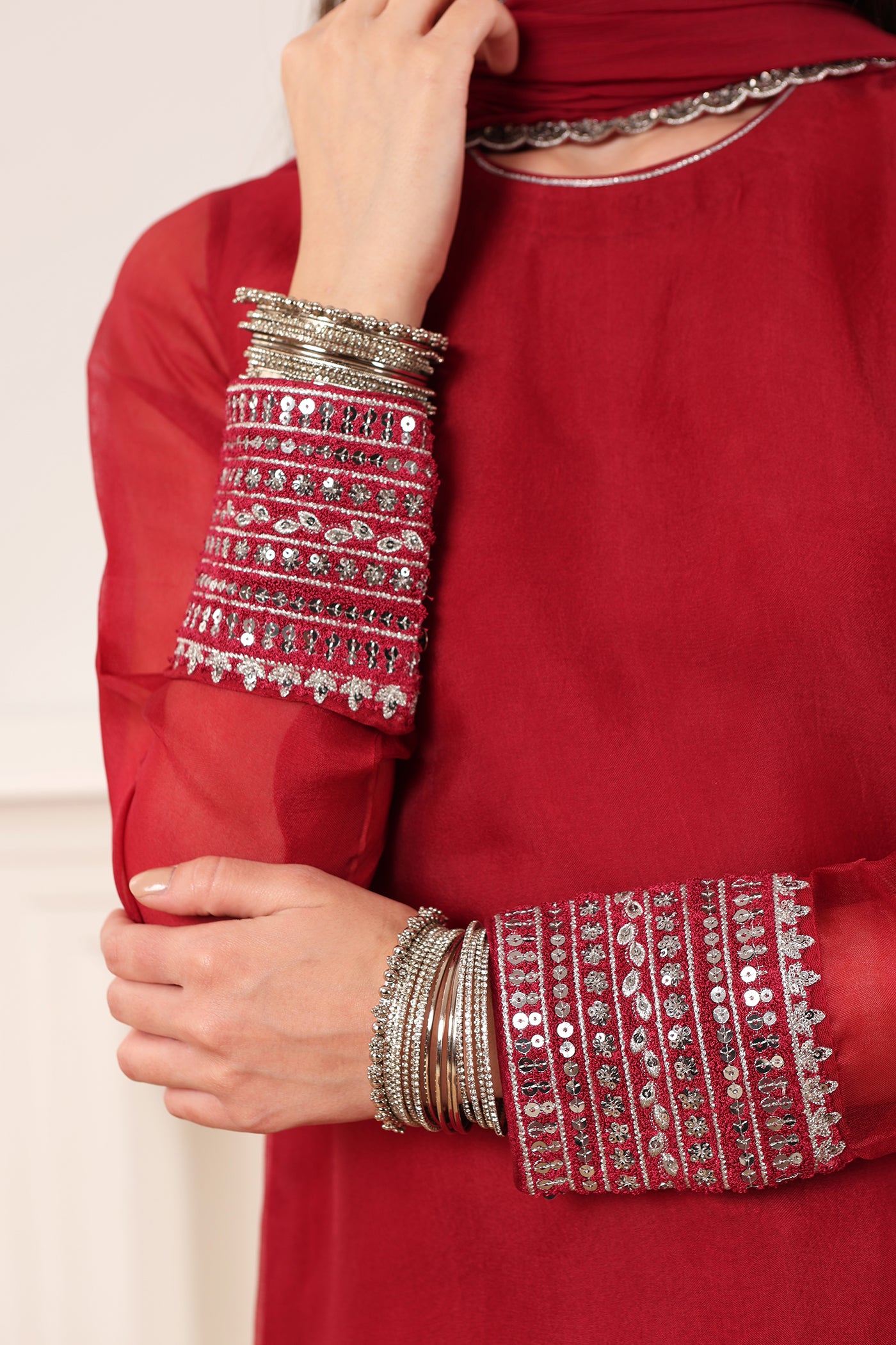 Jazzy-Pink Embroidered Pure Silk-Organza Short-Kurta-Salwar Set Paired With Chiffon Dupatta