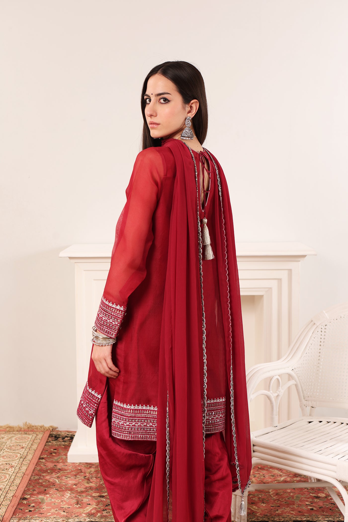 Jazzy-Pink Embroidered Pure Silk-Organza Short-Kurta-Salwar Set Paired With Chiffon Dupatta