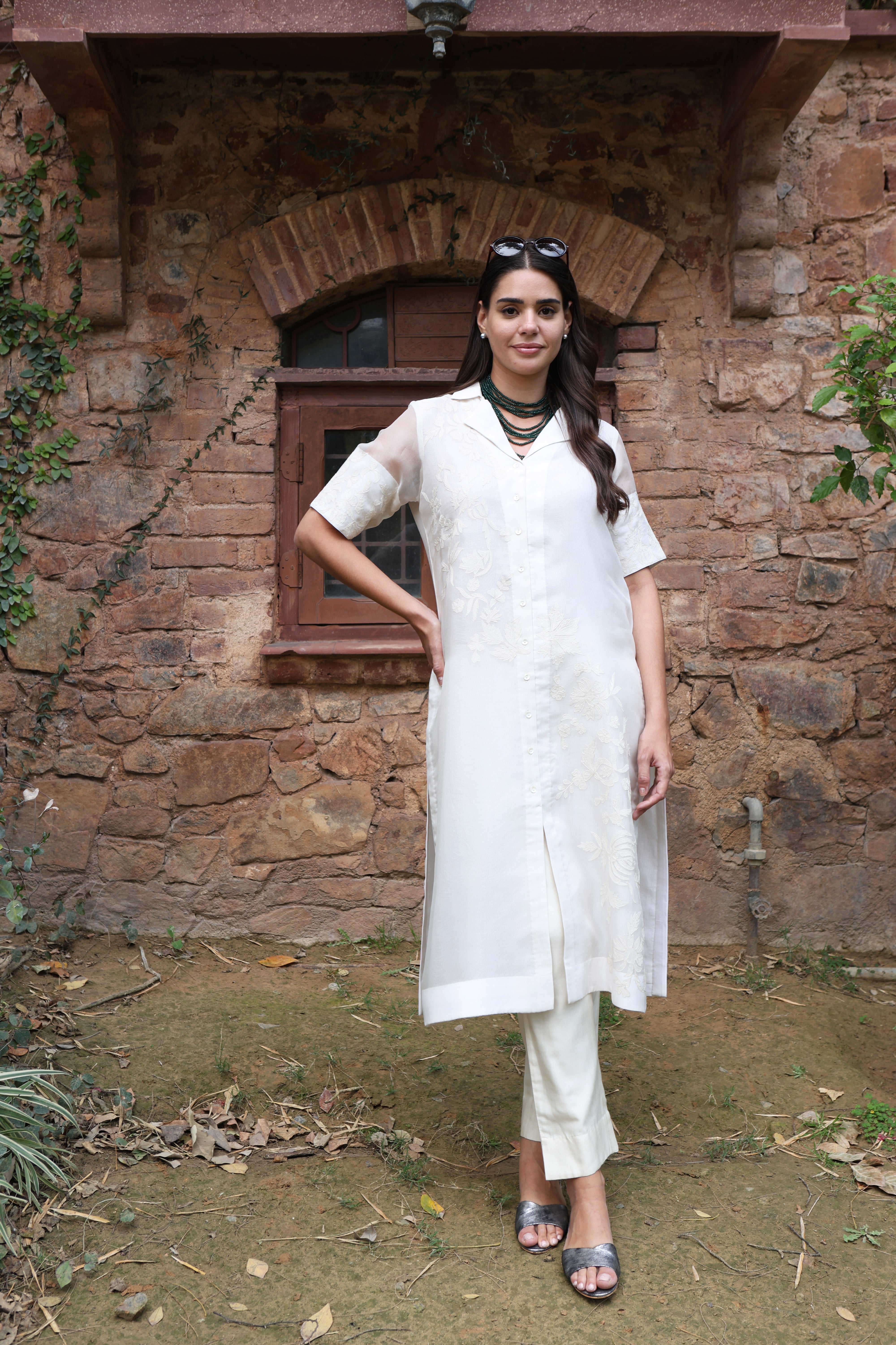 Ivory Pure Silk Organza Embroidered (Applique & Cuwork) Short-Sleeved Front- Open Collared Kurta-Pants Set