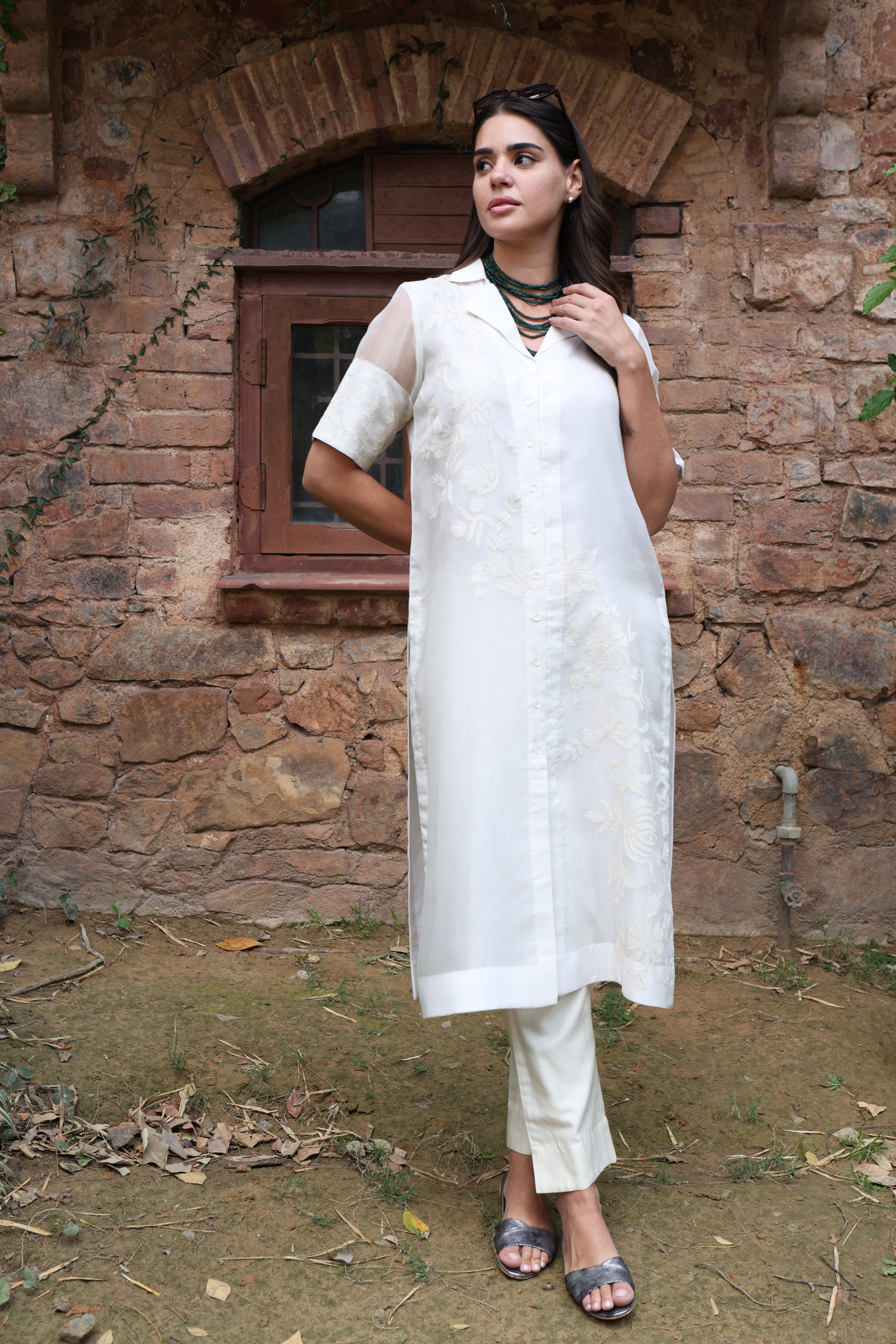 Ivory Pure Silk Organza Embroidered (Applique & Cuwork) Short-Sleeved Front- Open Collared Kurta-Pants Set