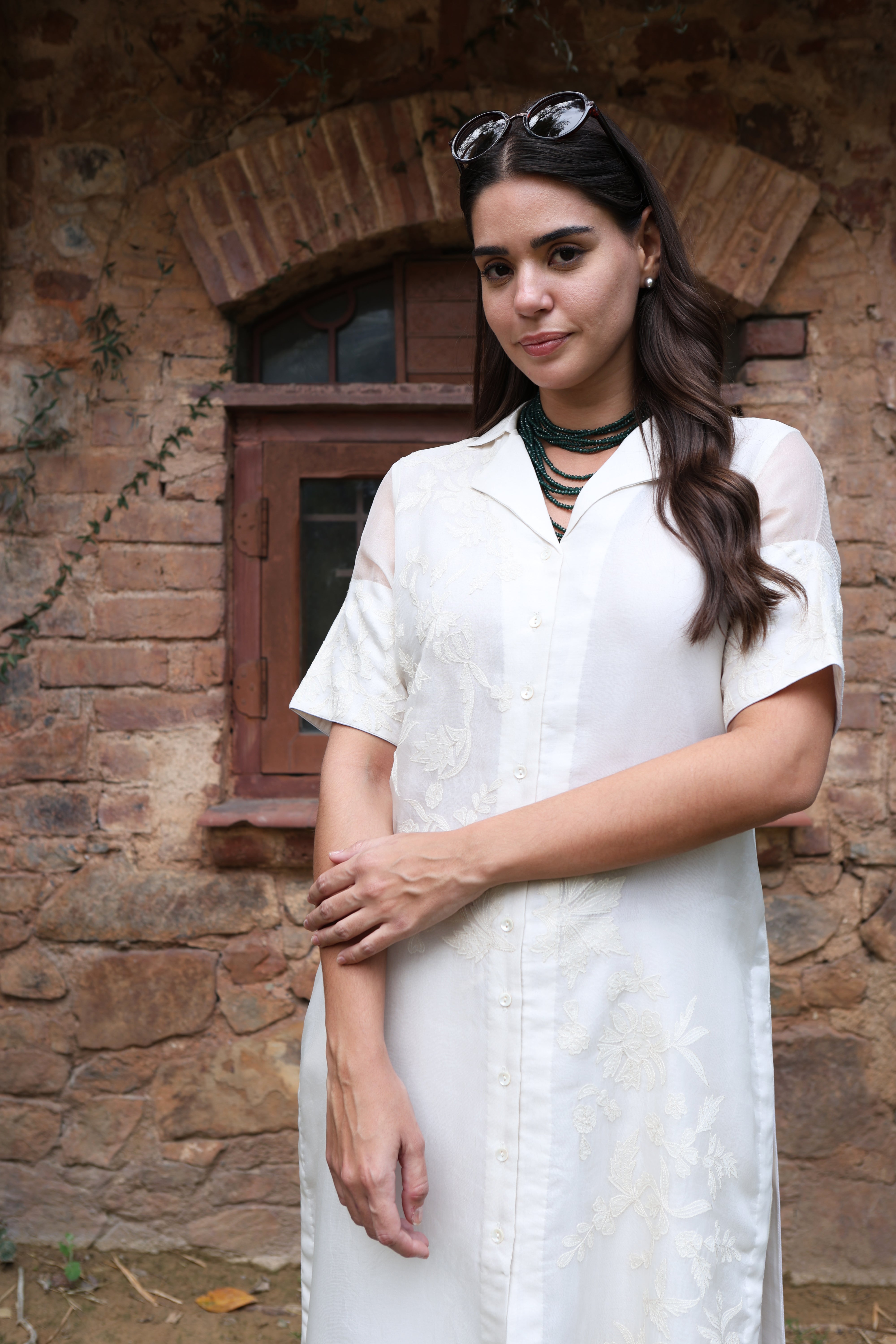 Ivory Pure Silk Organza Embroidered (Applique & Cuwork) Short-Sleeved Front- Open Collared Kurta-Pants Set