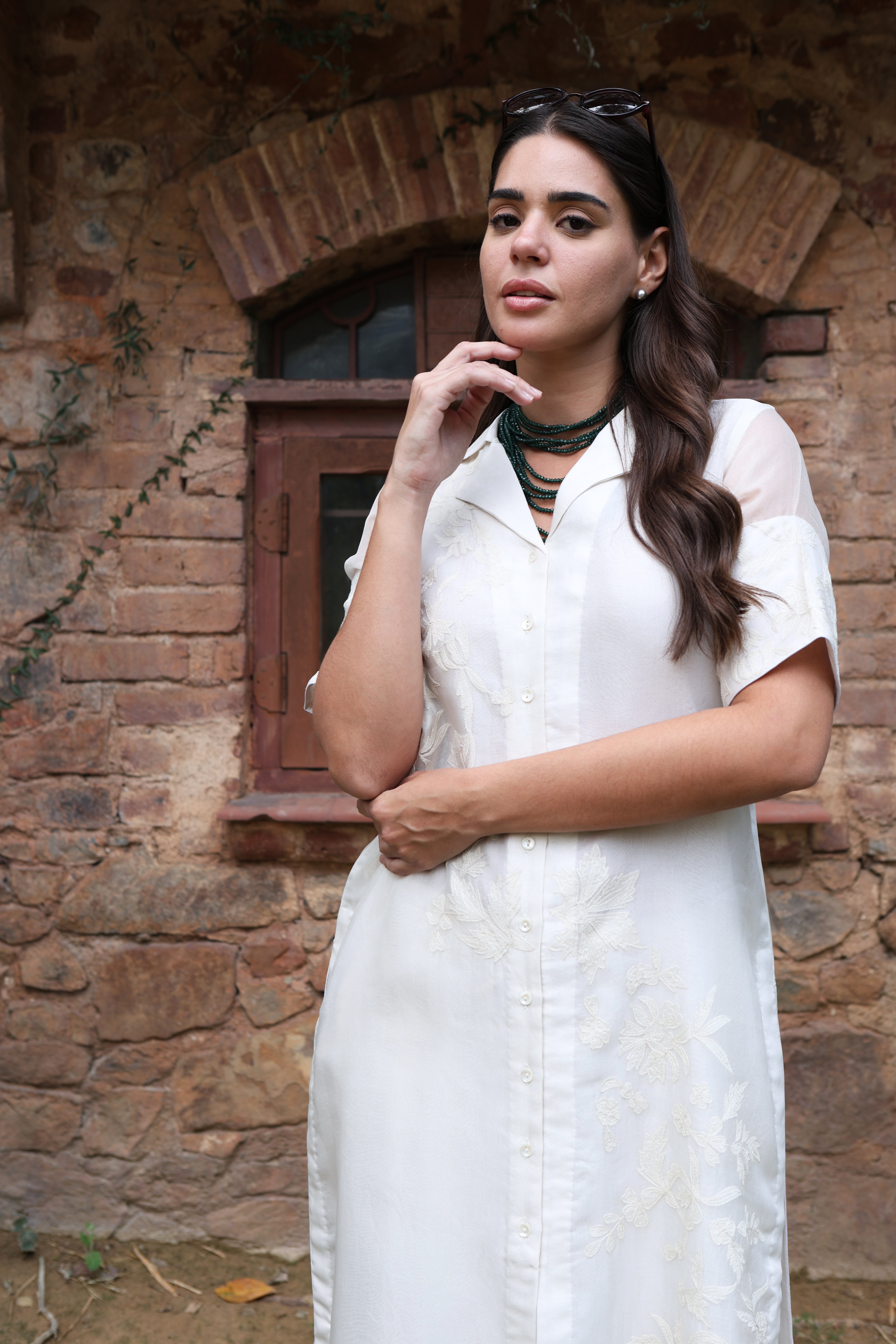 Ivory Pure Silk Organza Embroidered (Applique & Cuwork) Short-Sleeved Front- Open Collared Kurta-Pants Set