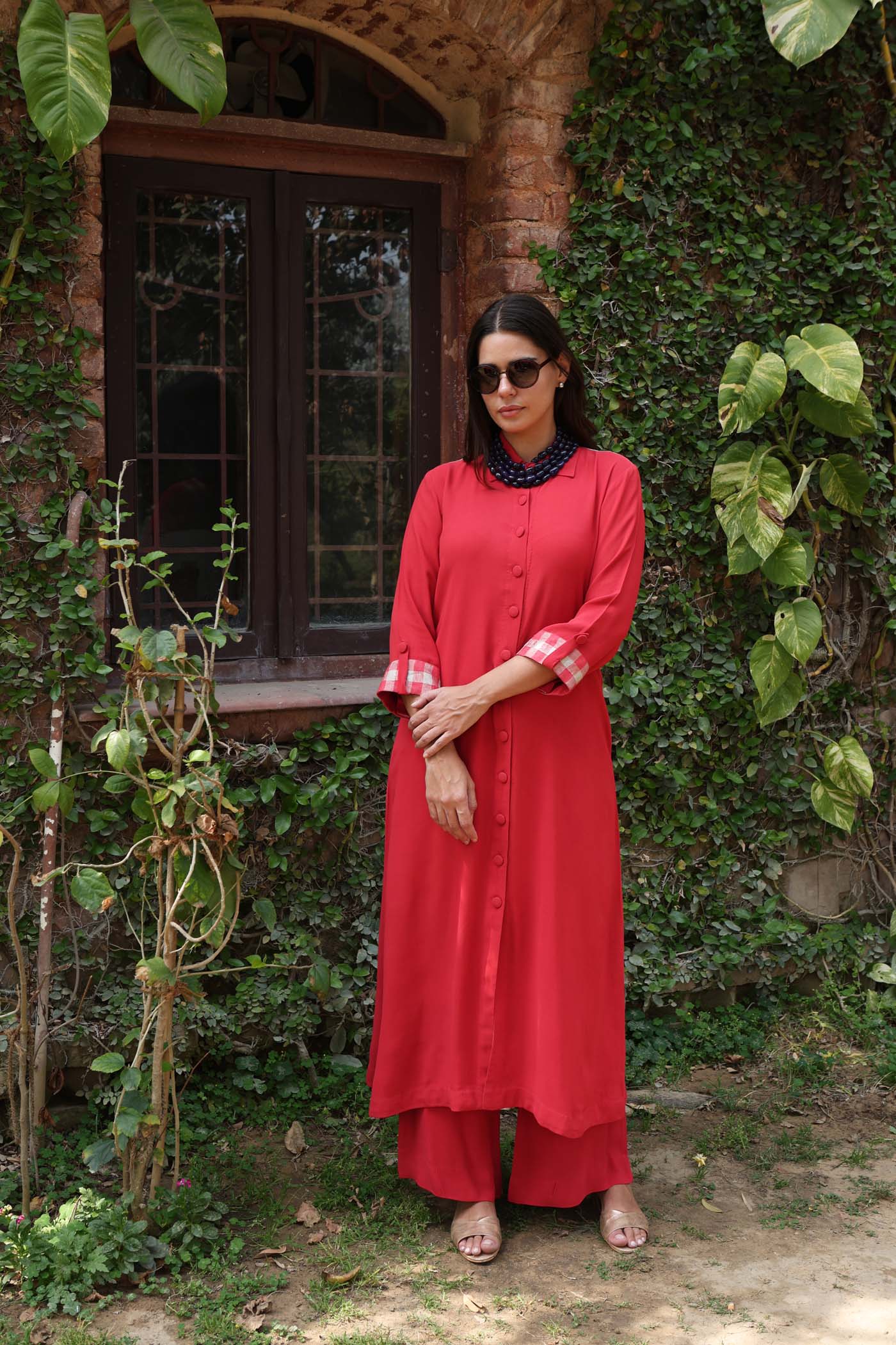 Red Georgette Front-Open Collared Long-Kurta Paired With Trousers