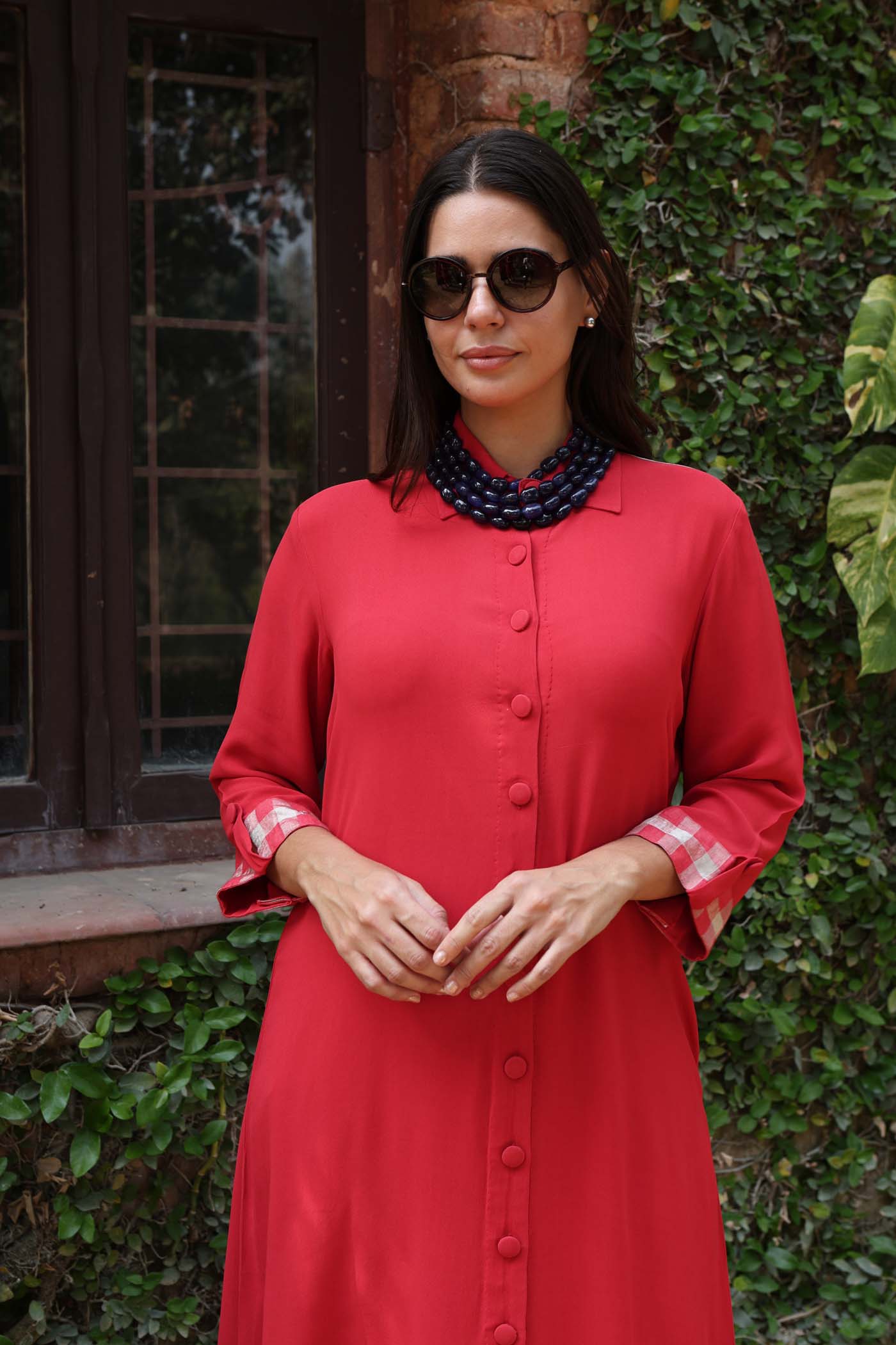 Red Georgette Front-Open Collared Long-Kurta Paired With Trousers