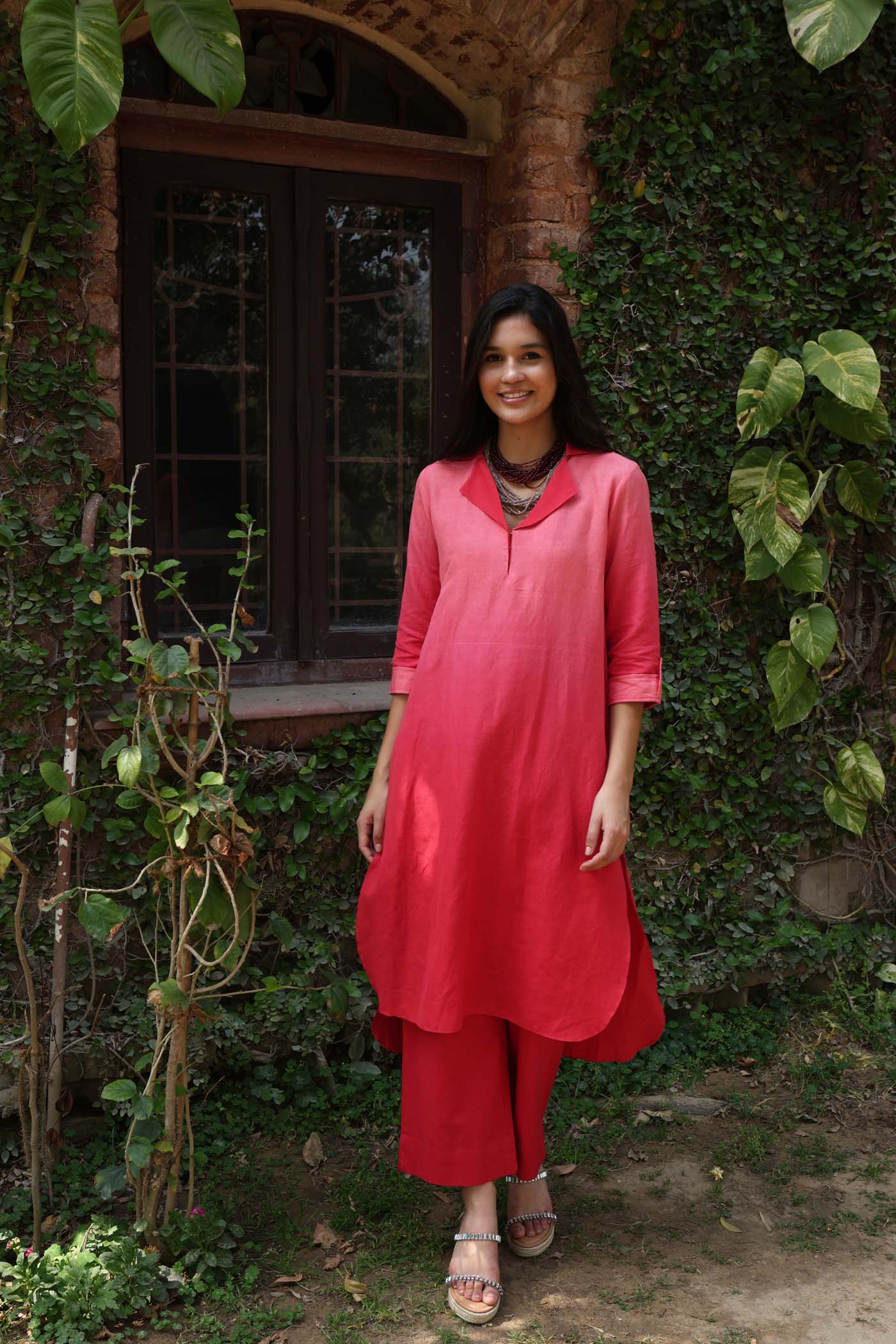 Coral-Pink Ombre Dyed Collared Pure Linen-Kurta-Pants Set
