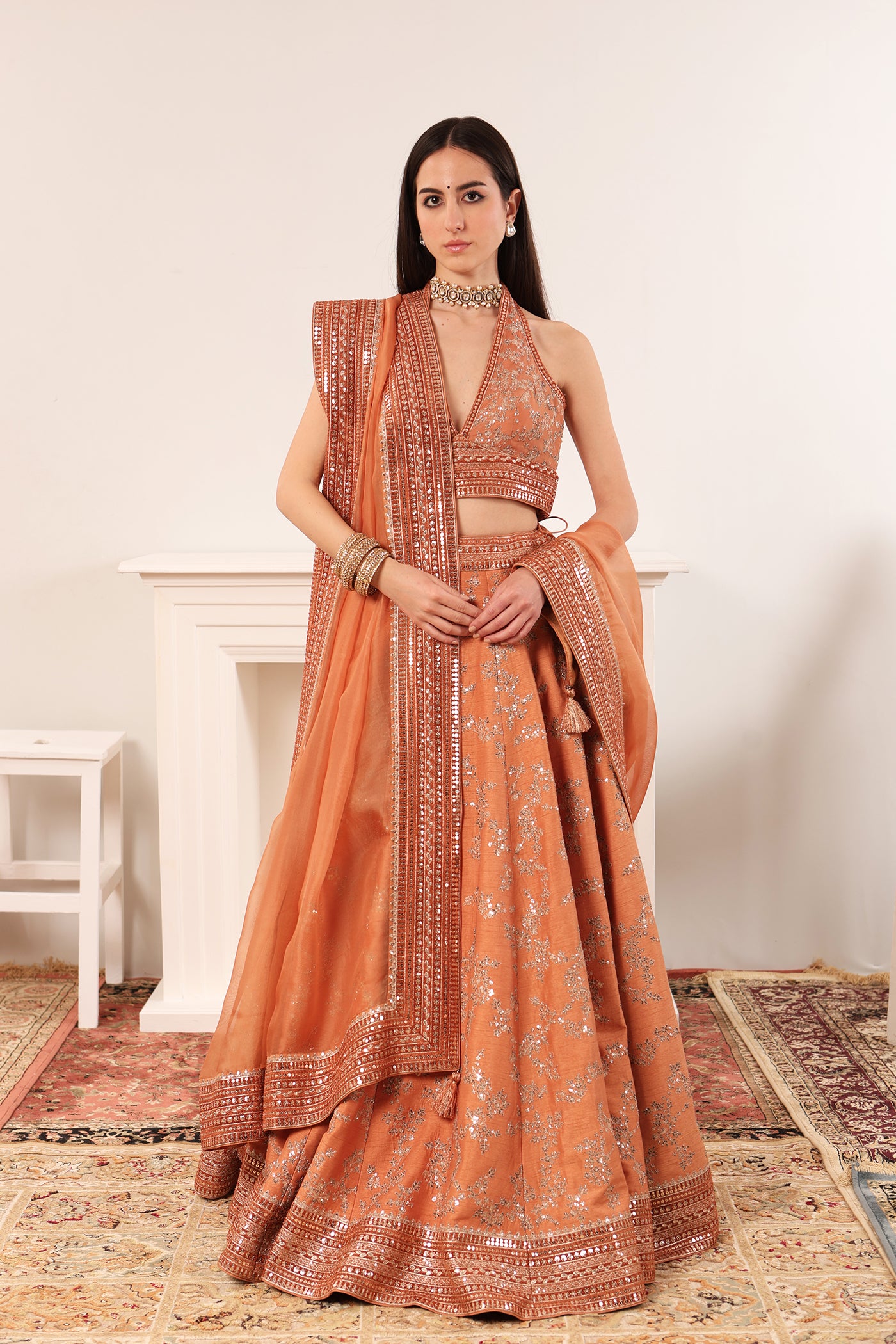 Priya Banerjee in Dusty-Peach Embroidered Raw-Silk Lehenga-Set With Pure Crepe-Silk Blouse & Pure Silk-Organza Dupatta