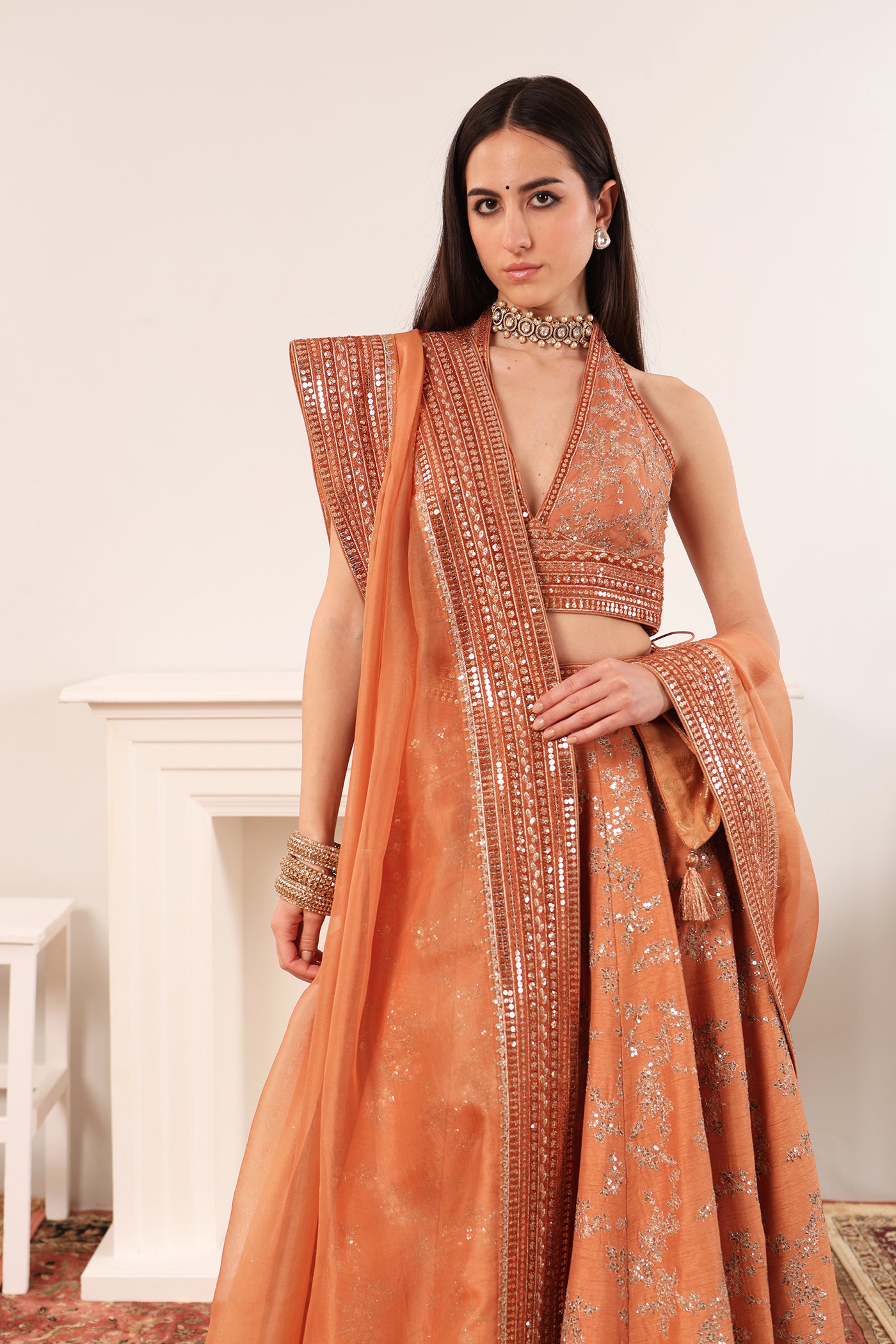 Priya Banerjee in Dusty-Peach Embroidered Raw-Silk Lehenga-Set With Pure Crepe-Silk Blouse & Pure Silk-Organza Dupatta