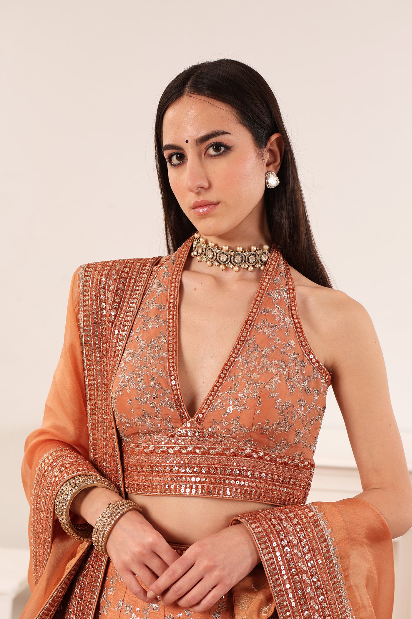 Priya Banerjee in Dusty-Peach Embroidered Raw-Silk Lehenga-Set With Pure Crepe-Silk Blouse & Pure Silk-Organza Dupatta