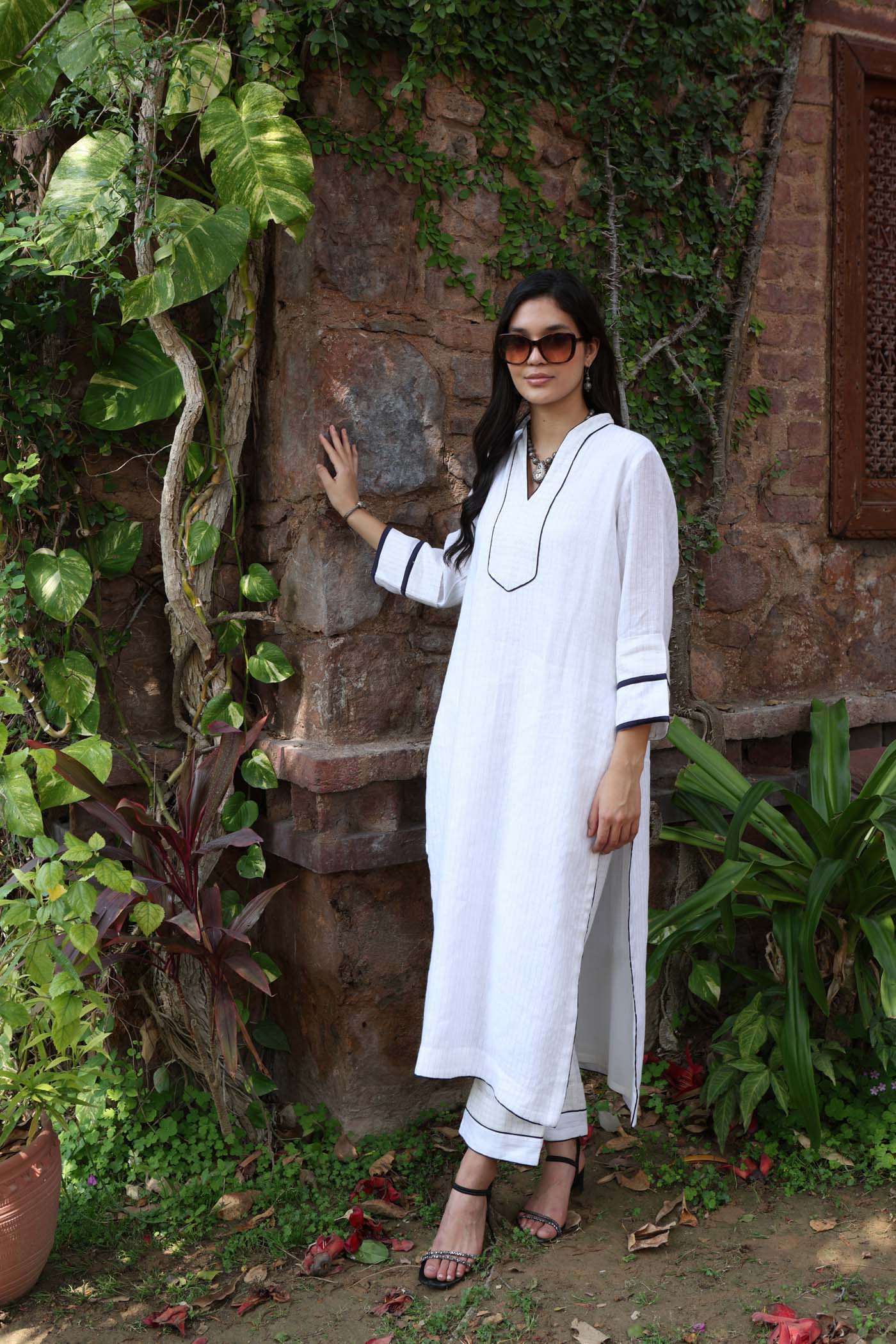 Ivory Pure Linen (With Metallic Checks & Stripes) Kurta-Pants Set With Navy-Blue Detailing