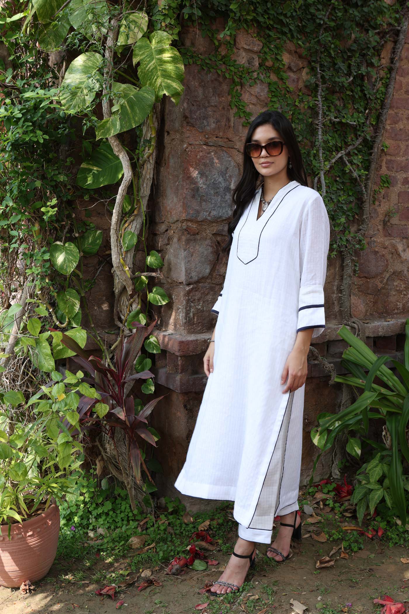 Ivory Pure Linen (With Metallic Checks & Stripes) Kurta-Pants Set With Navy-Blue Detailing