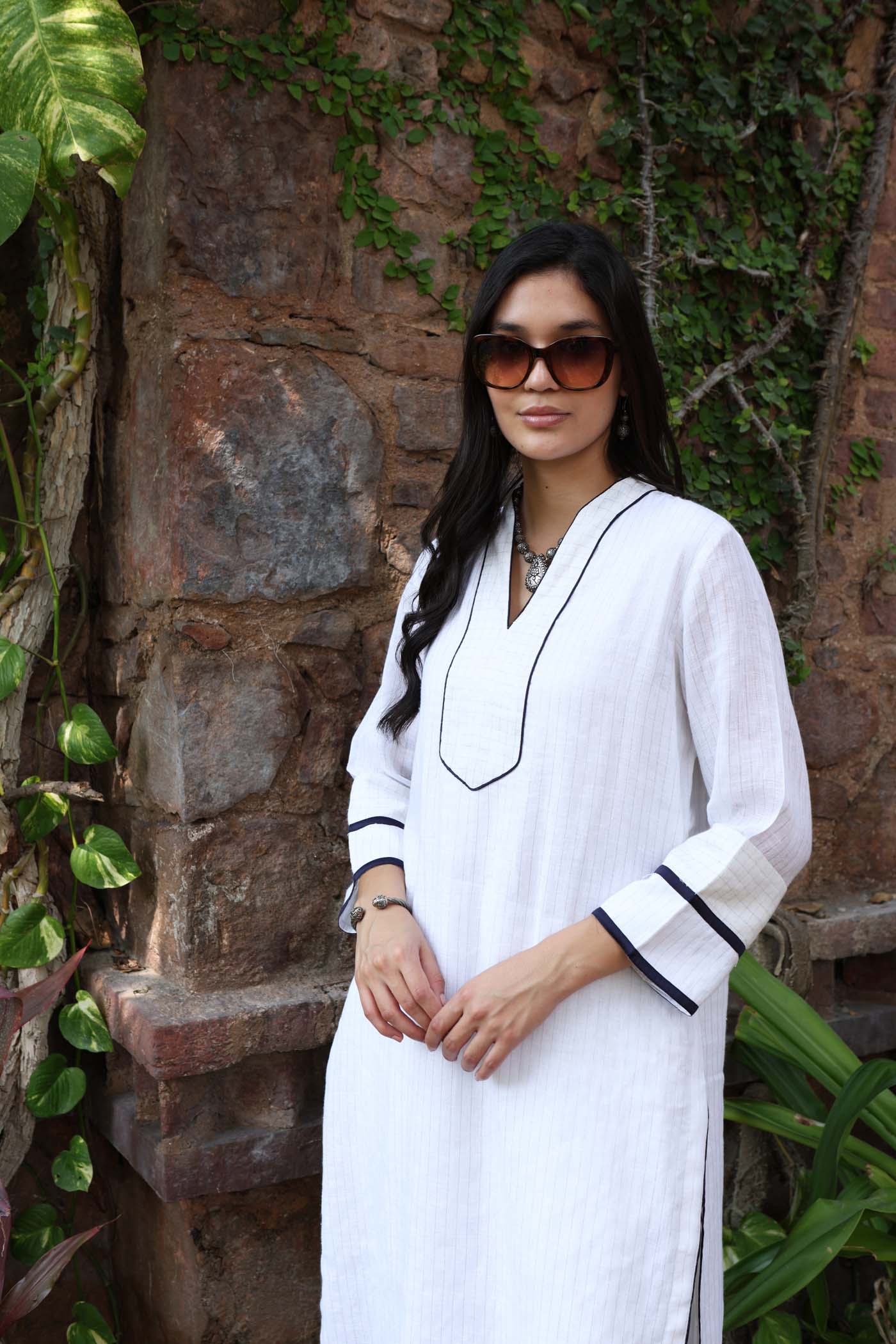 Ivory Pure Linen (With Metallic Checks & Stripes) Kurta-Pants Set With Navy-Blue Detailing