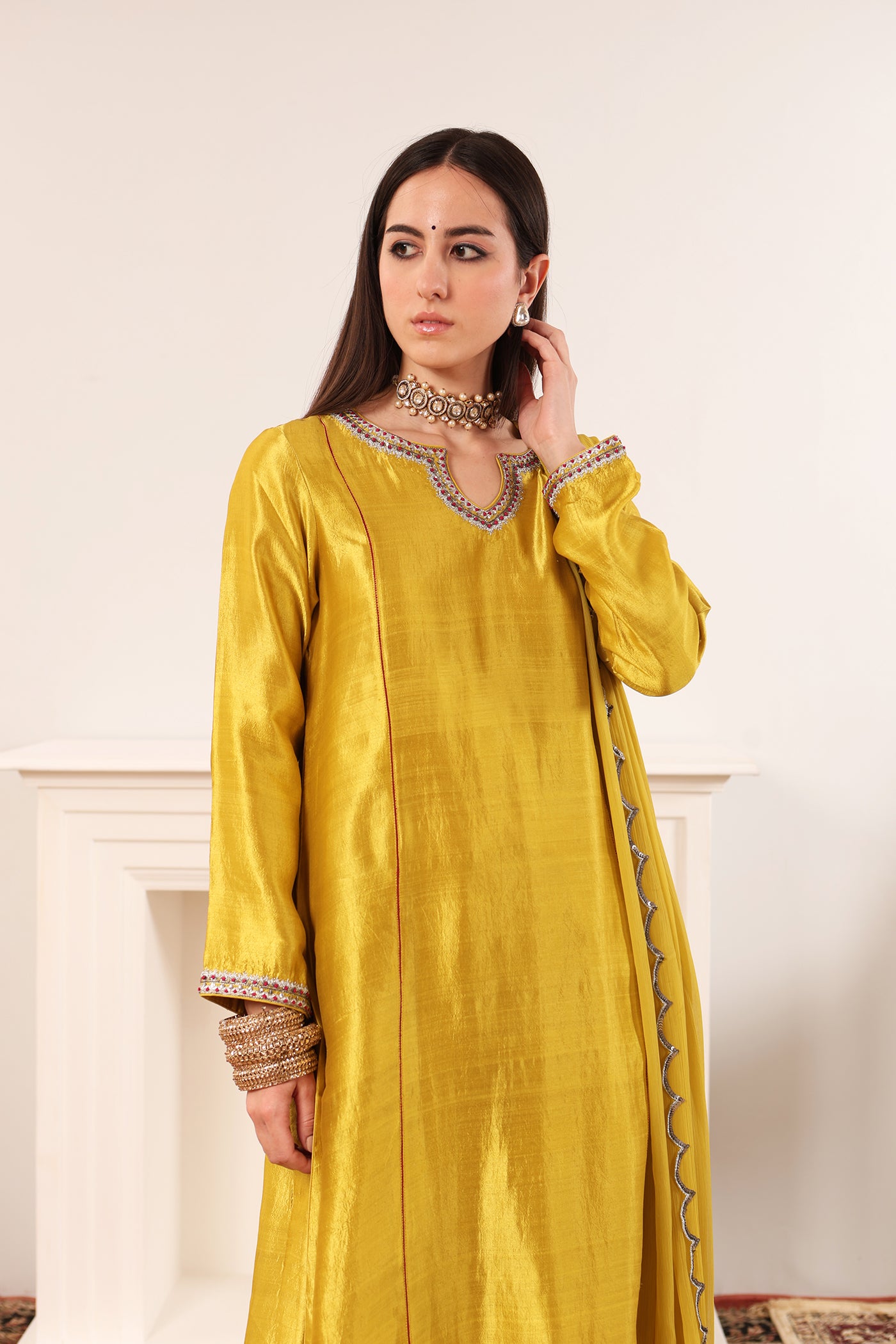 Dusty-Lime Hand-Embroidered Handloom Pure Silk Kurta-Pants Set