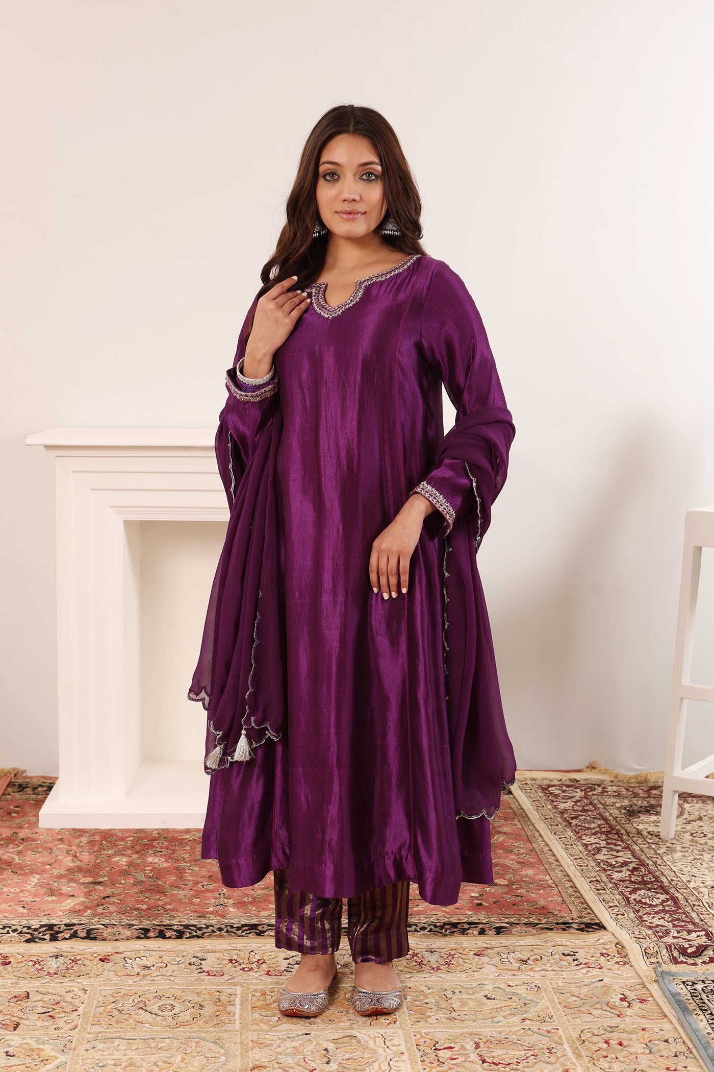 Aubergine Hand-Embroidered Handloom Pure Silk Kurta-Pants Set