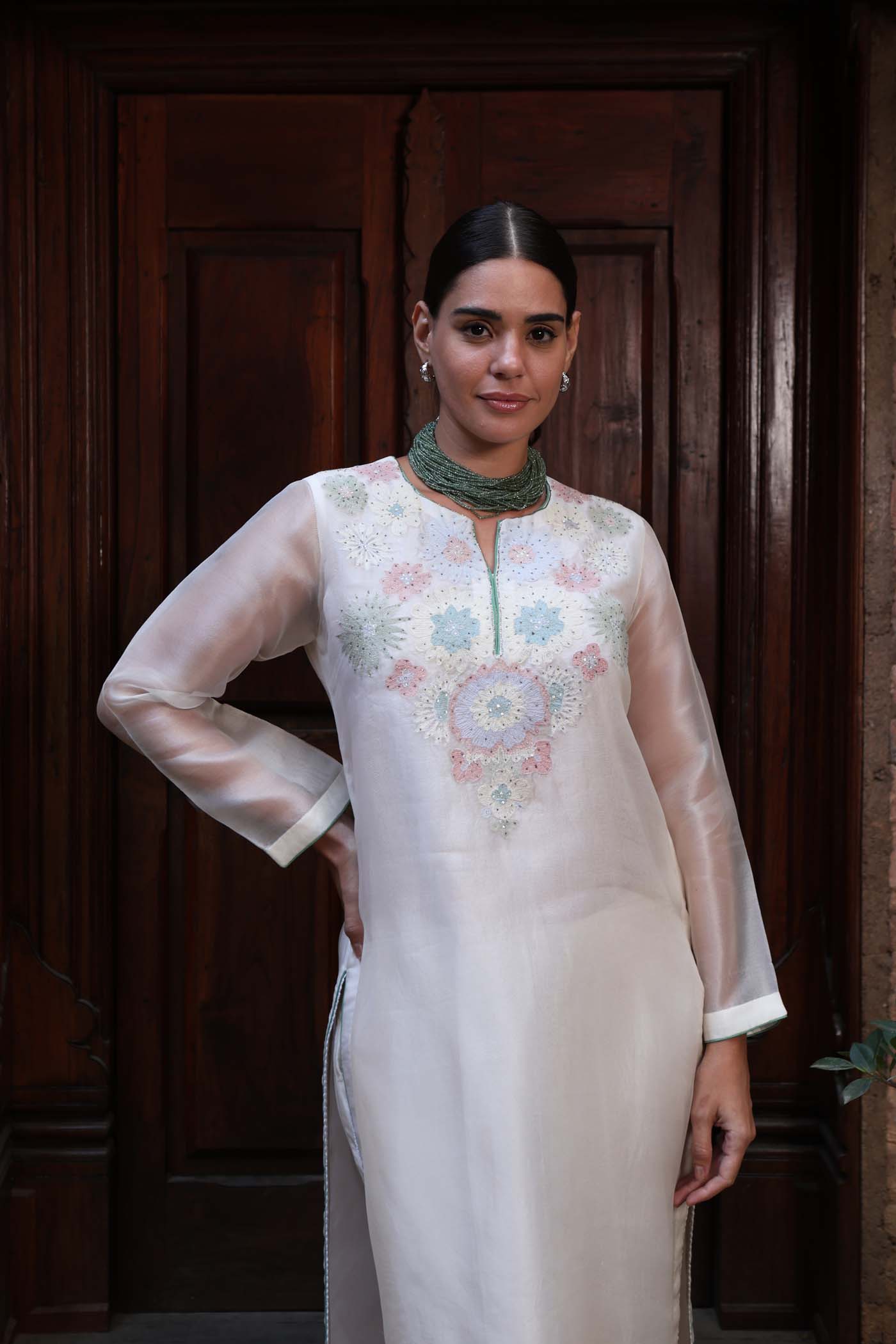 Ivory Pure Silk Organza Embroidered (Multicoloured Applique & Cuwork) Sleeveless Kurta-Pants Set