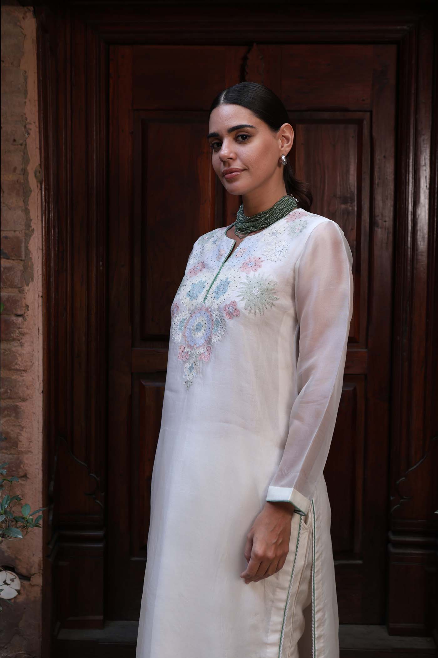 Ivory Pure Silk Organza Embroidered (Multicoloured Applique & Cuwork) Sleeveless Kurta-Pants Set