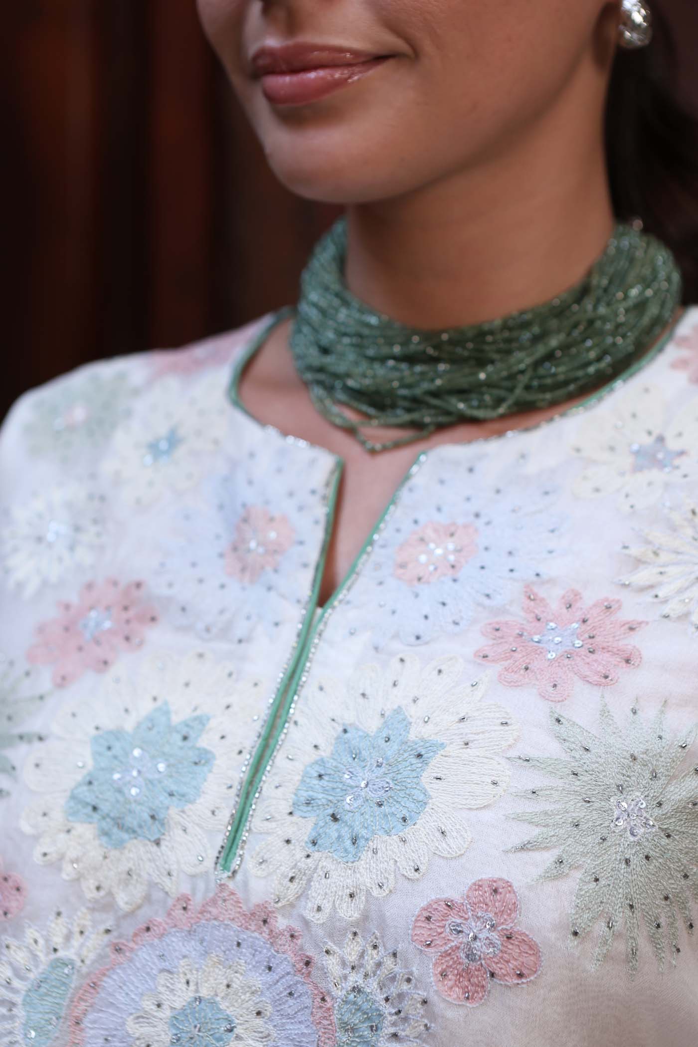 Ivory Pure Silk Organza Embroidered (Multicoloured Applique & Cuwork) Sleeveless Kurta-Pants Set