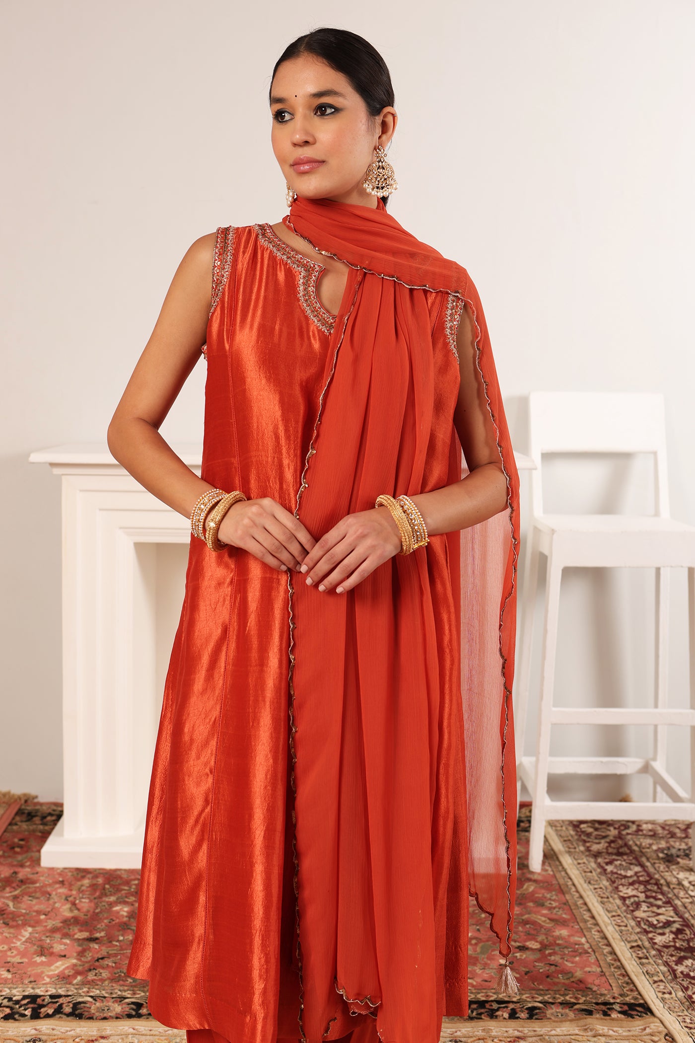 Burnt-Peach Hand-Embroidered Handloom Pure Silk Sleeveless Kurta-Salwar Set