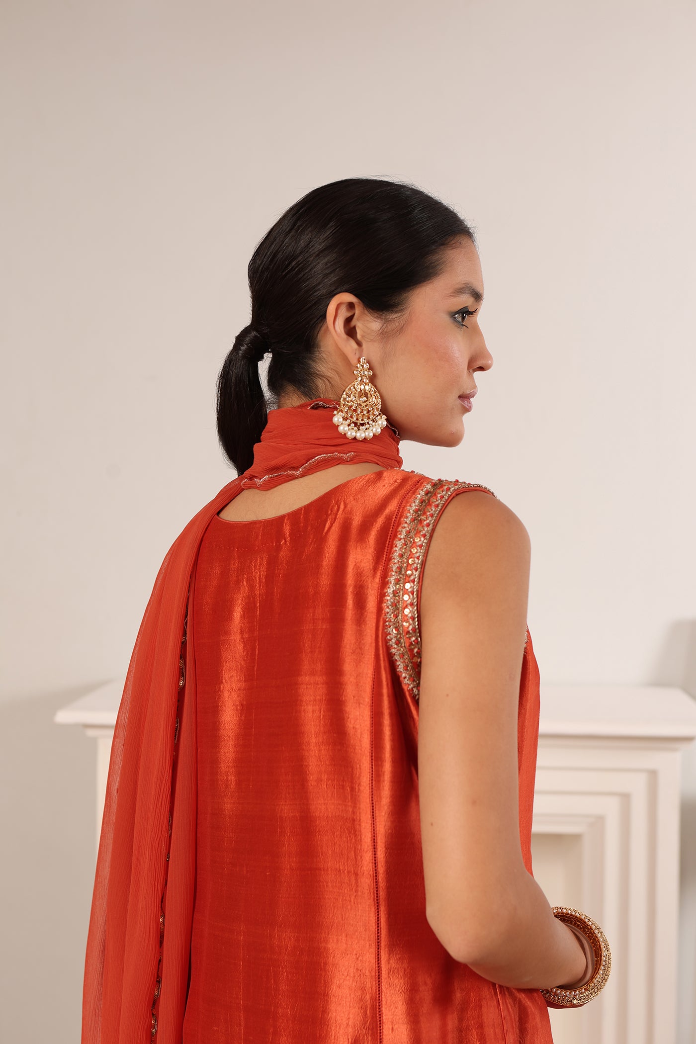 Burnt-Peach Hand-Embroidered Handloom Pure Silk Sleeveless Kurta-Salwar Set