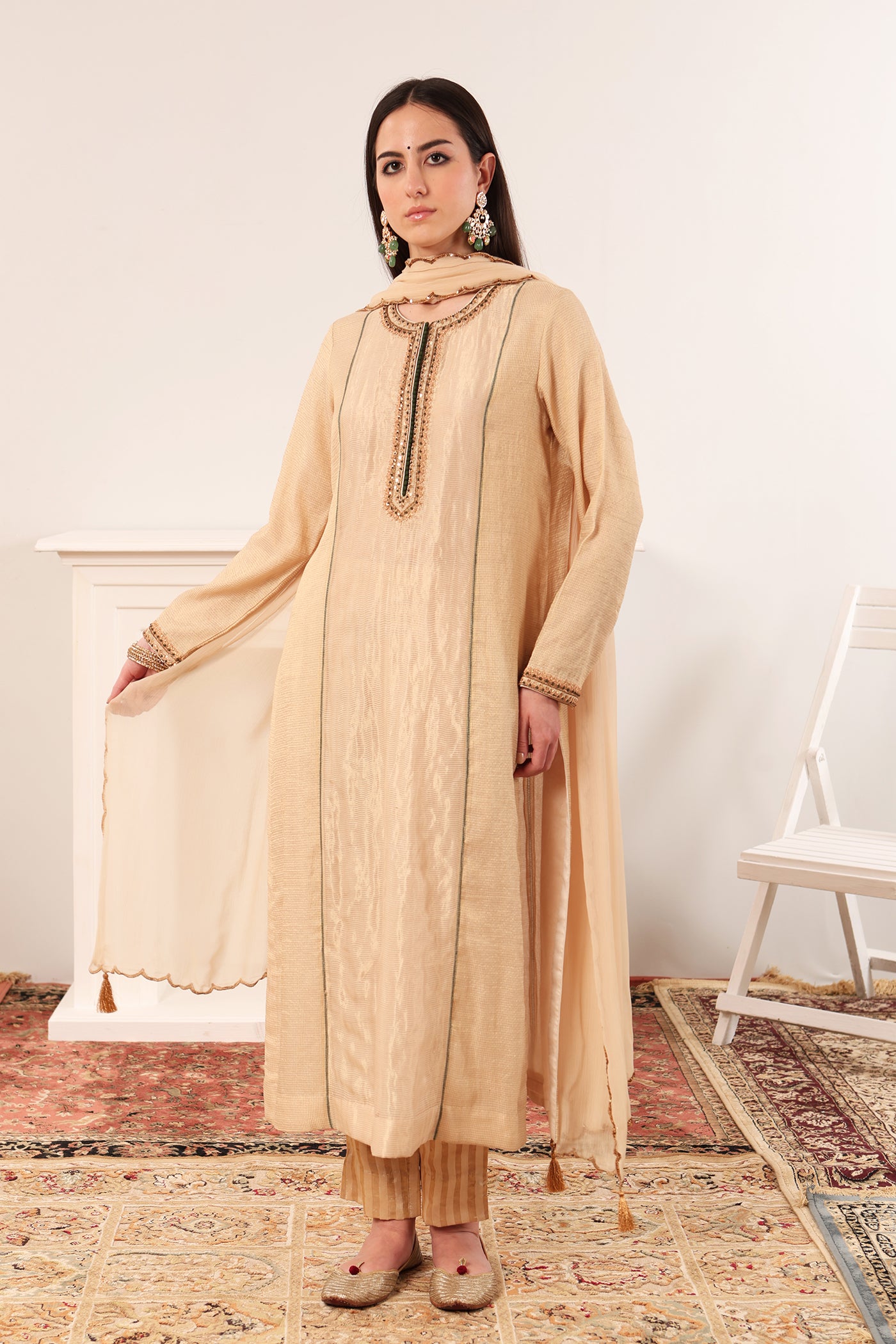 Ivory Hand-Embroidered Handloom Pure Cotton-Silk (Stripes & Checks) Kurta-Pants Set