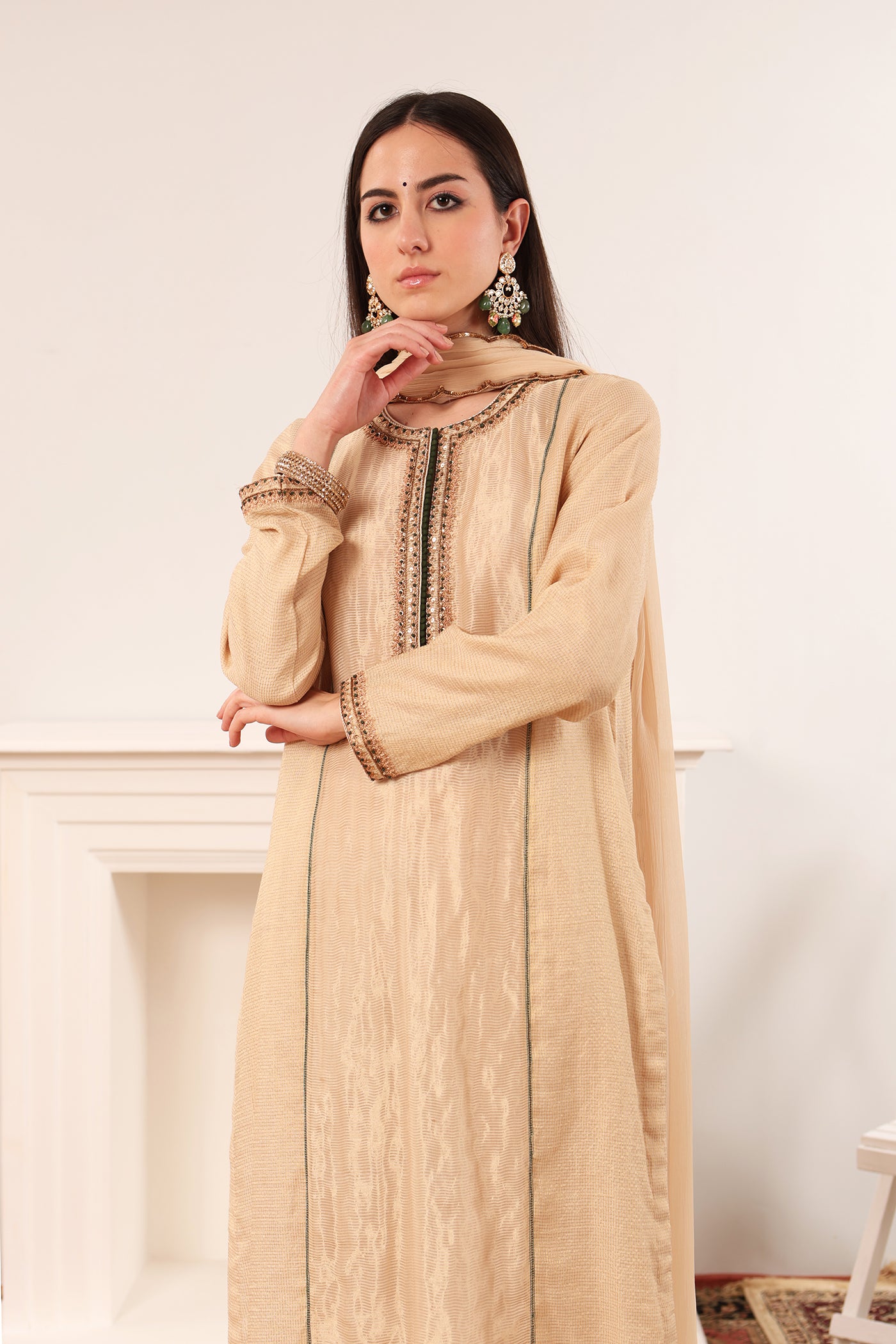 Ivory Hand-Embroidered Handloom Pure Cotton-Silk (Stripes & Checks) Kurta-Pants Set