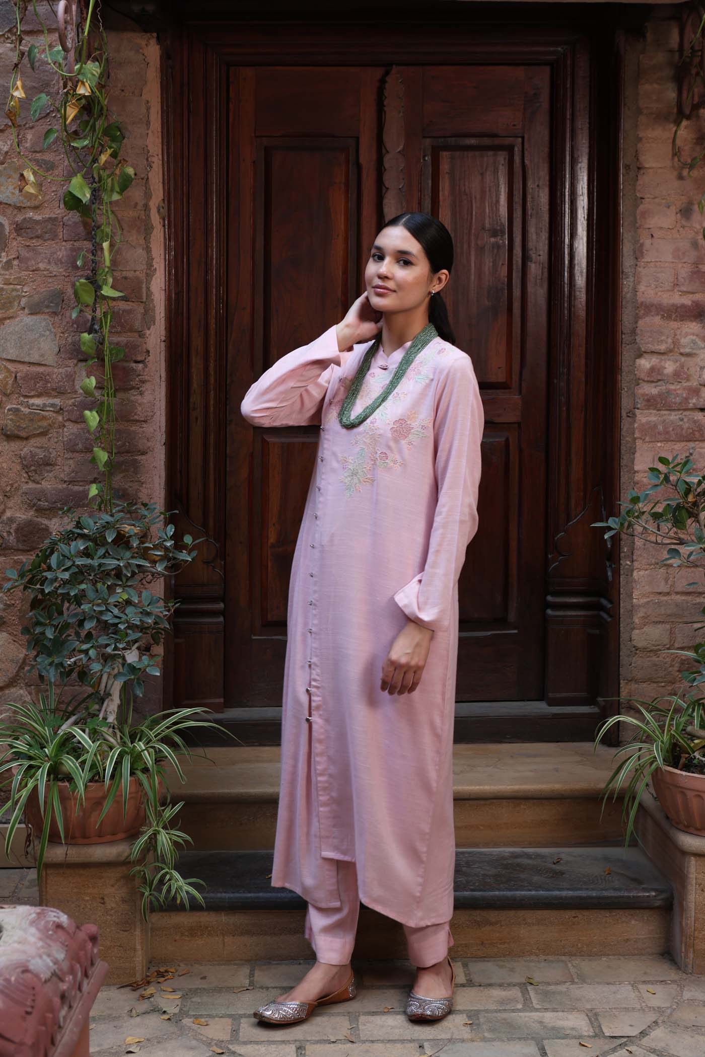 Baby-Pink Embroidered (Applique & Cuwork) Pure Cotton-Slub Kurta-Pants Set