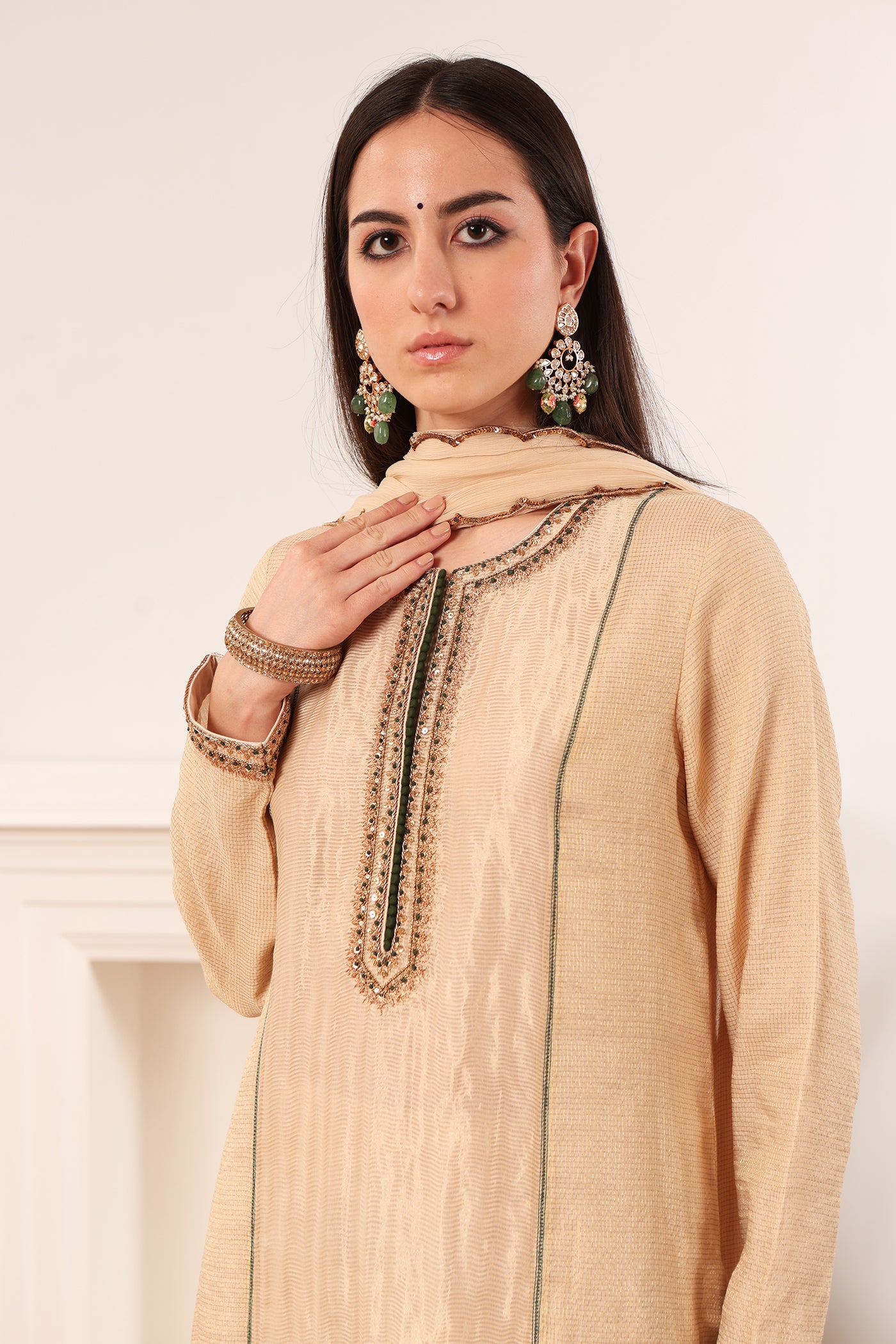 Ivory Hand-Embroidered Handloom Pure Cotton-Silk (Stripes & Checks) Kurta-Pants Set