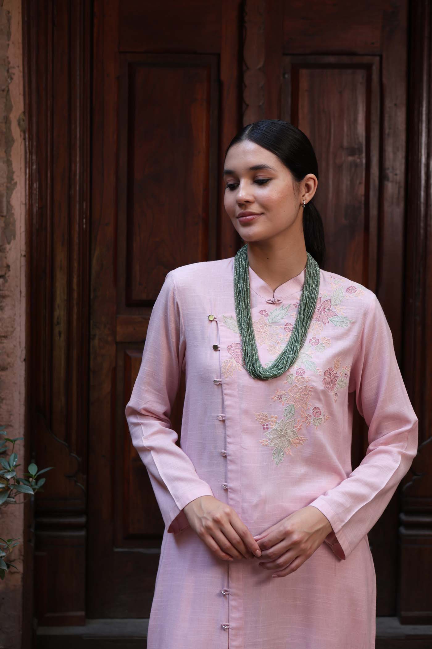 Baby-Pink Embroidered (Applique & Cuwork) Pure Cotton-Slub Kurta-Pants Set
