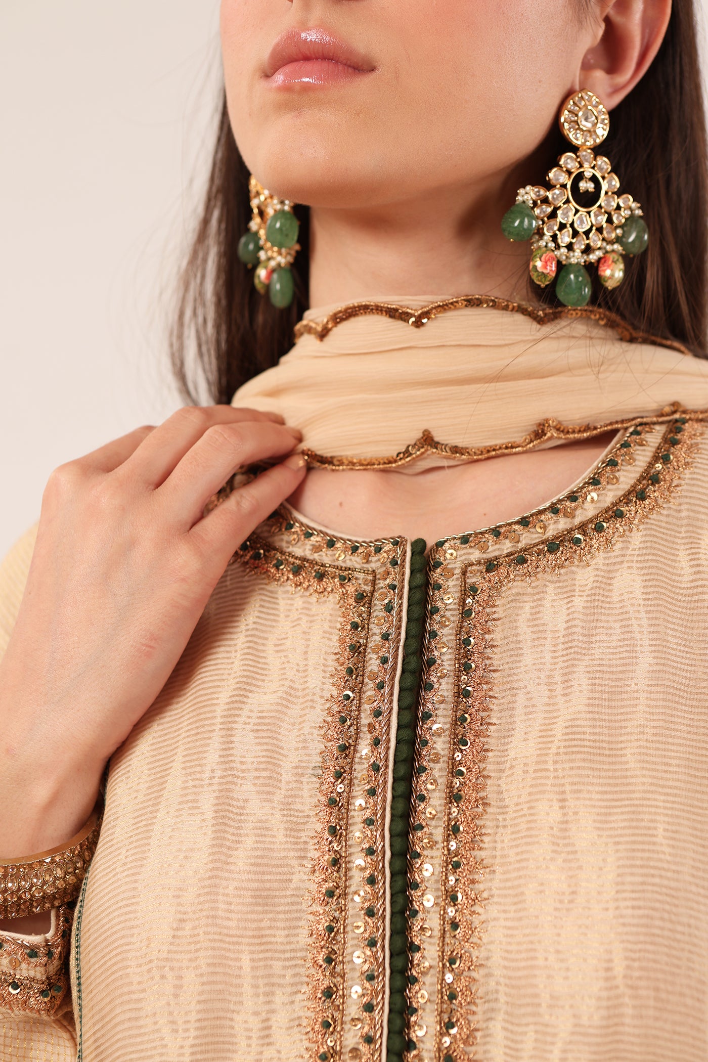 Ivory Hand-Embroidered Handloom Pure Cotton-Silk (Stripes & Checks) Kurta-Pants Set