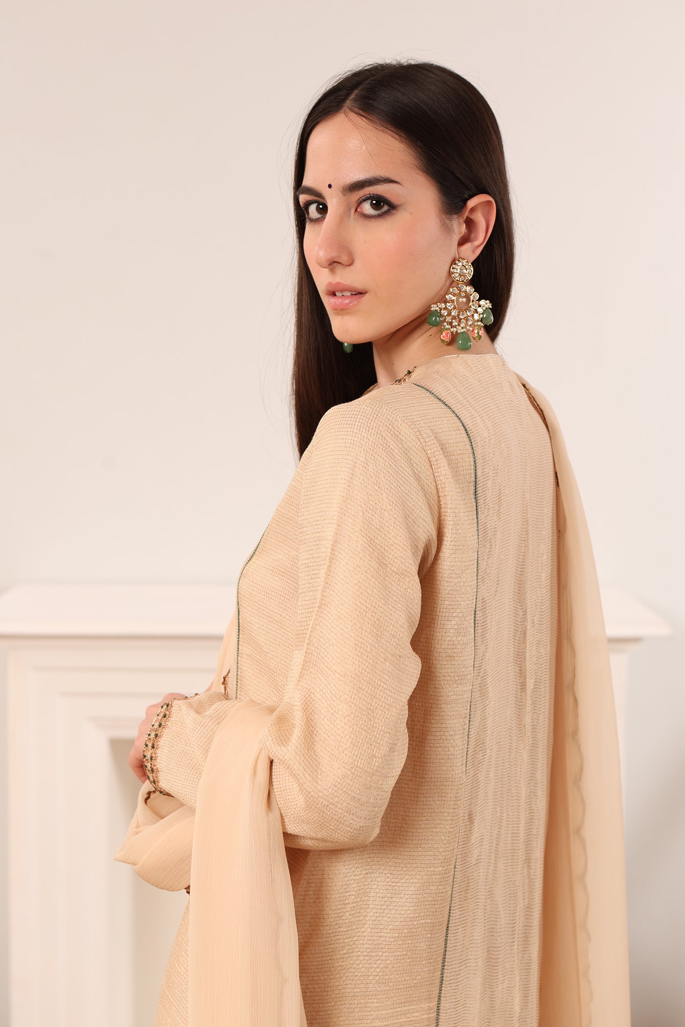 Ivory Hand-Embroidered Handloom Pure Cotton-Silk (Stripes & Checks) Kurta-Pants Set