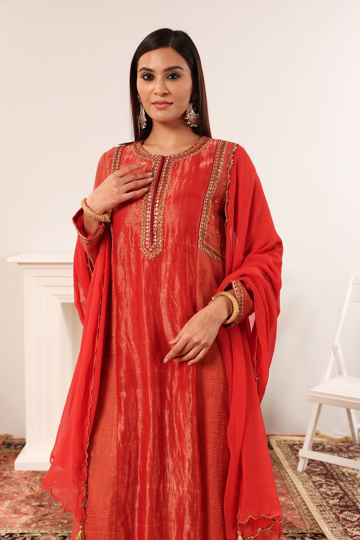 Red-Orange Hand-Embroidered Handloom Pure Cotton-Silk (Stripes & Checks) Kurta-Pants Set