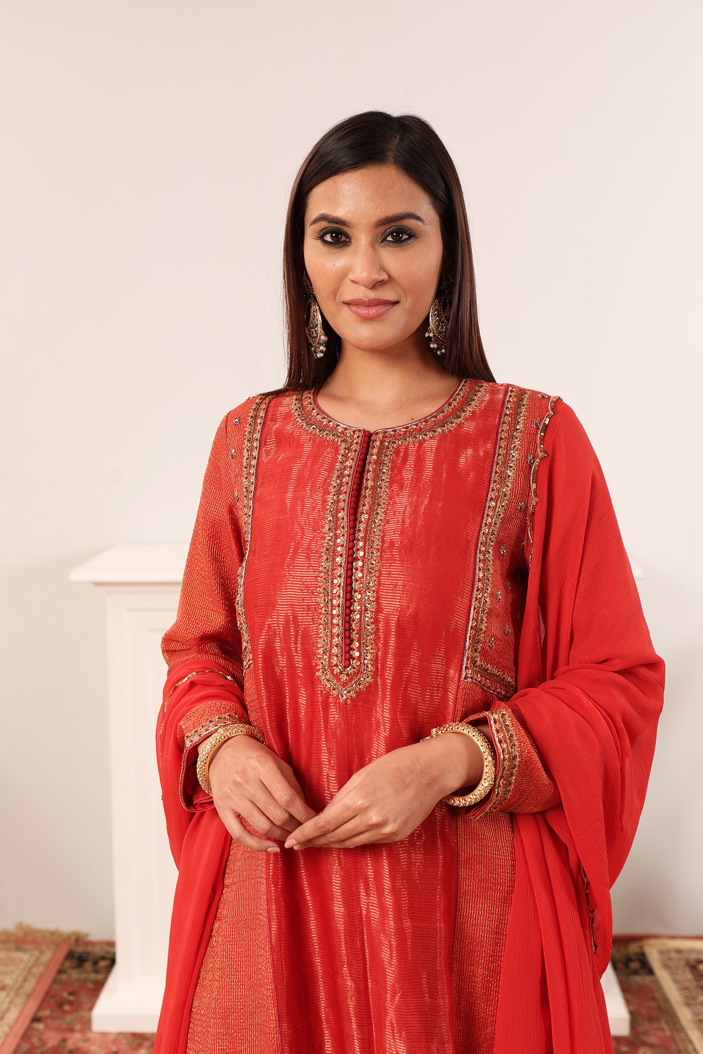 Red-Orange Hand-Embroidered Handloom Pure Cotton-Silk (Stripes & Checks) Kurta-Pants Set