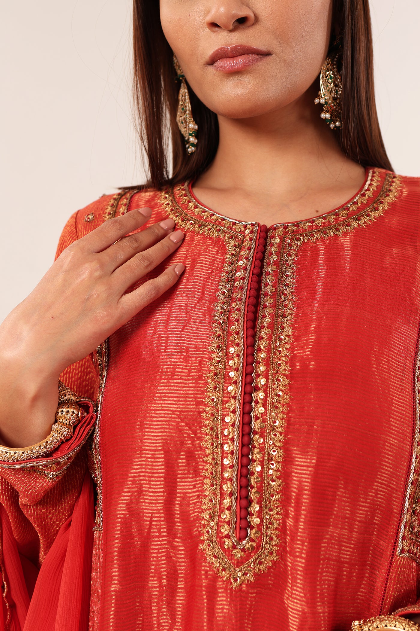 Red-Orange Hand-Embroidered Handloom Pure Cotton-Silk (Stripes & Checks) Kurta-Pants Set